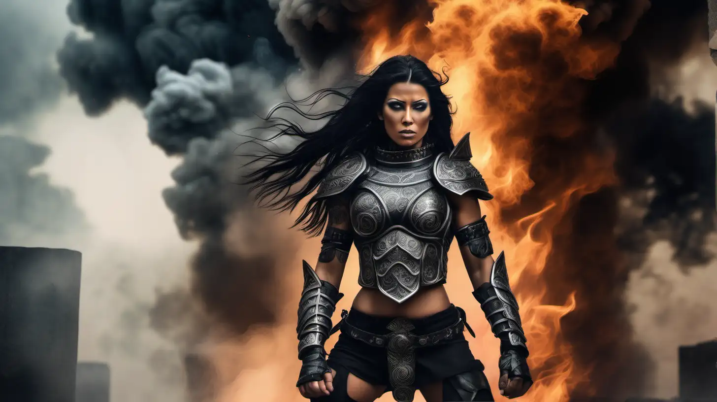 big extremely muscular tattooed black haired female amazon warrior wearing sleeveless black leather armor emerging from a wall of smoke and flames under a cloudy sky