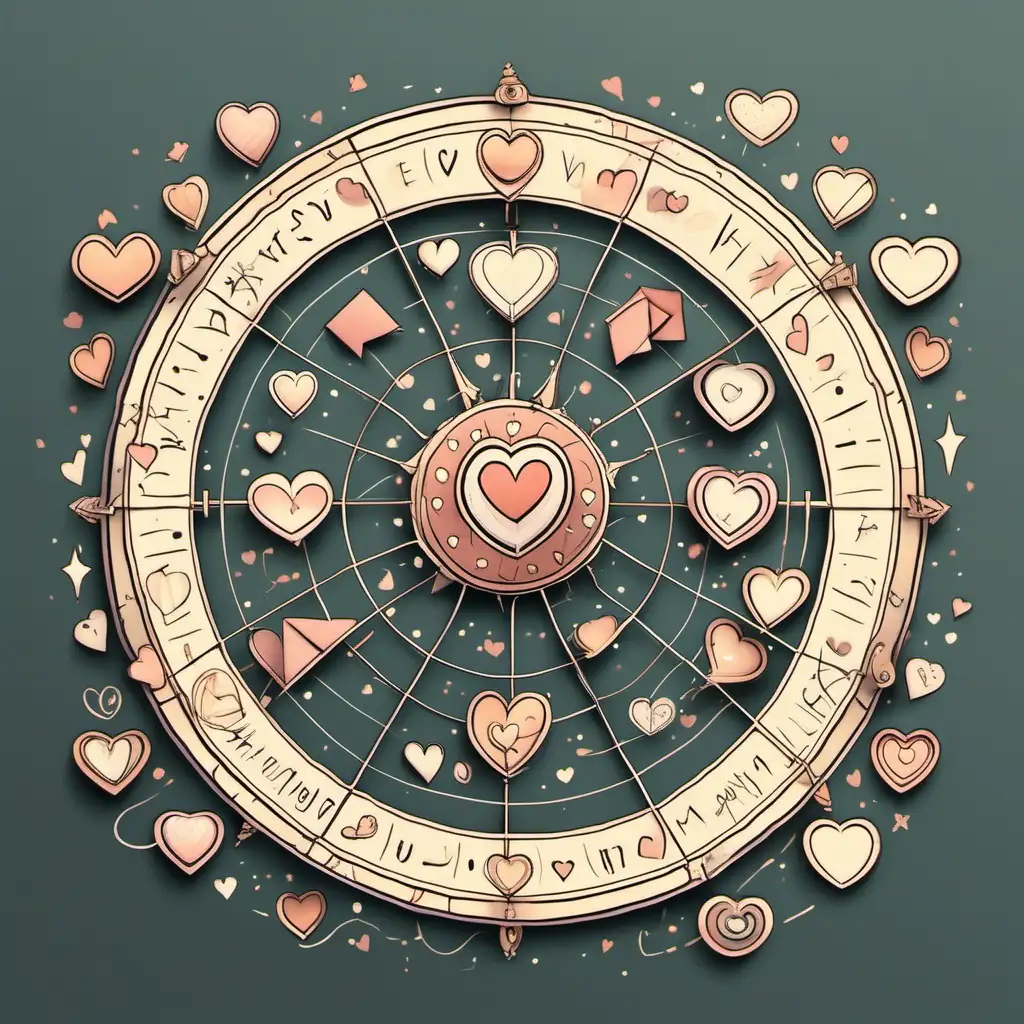 Draw two astrological wheel with heart ,love , envelope, message box flying aronud of the wheel, loose lines , Loose lines. Muted color, ADD A BANNER ON THE WHEEL
