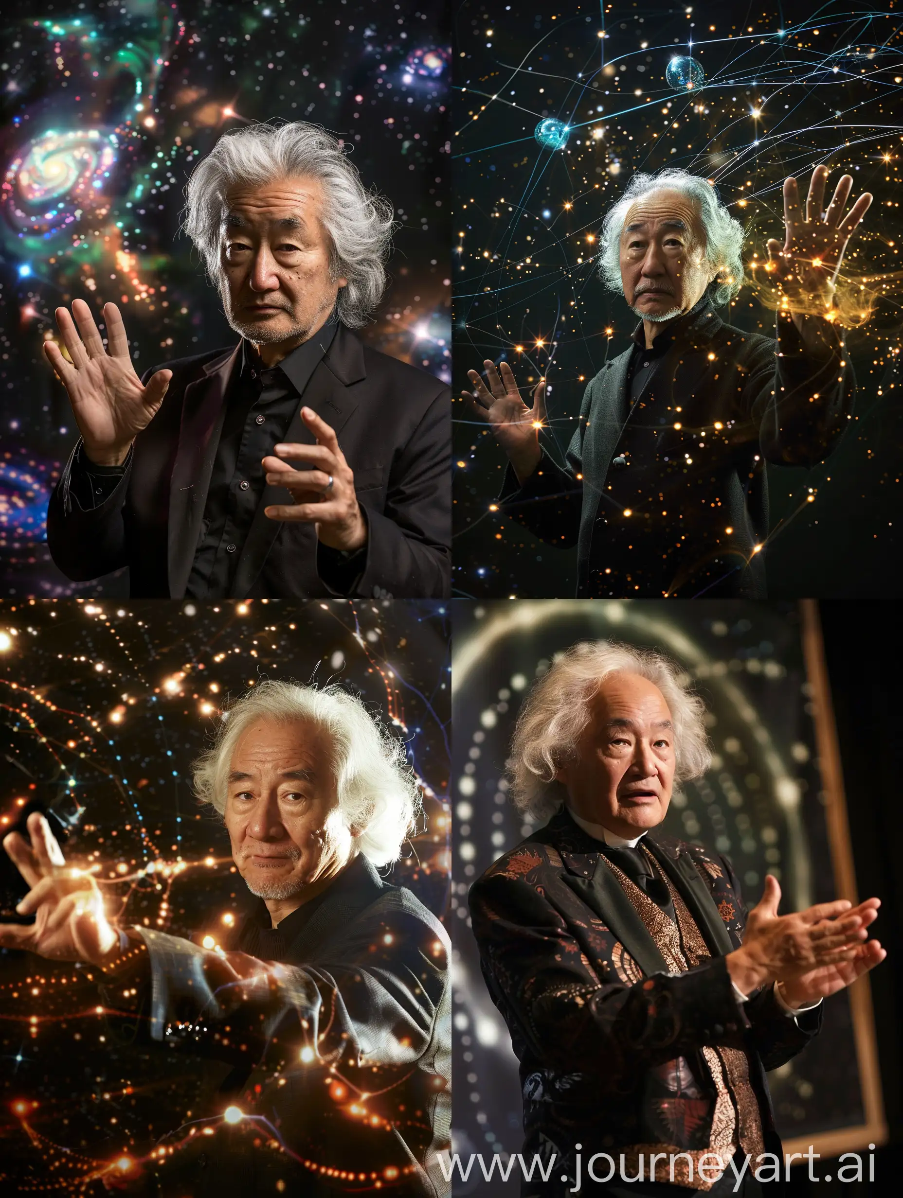 Michio Kaku gesturing to space and time from the torso up