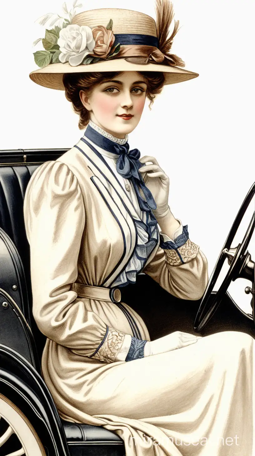 Edwardian era lady sitting in a 1900s motorcar wearing an 1900s traveling outfit, edwardian era drawing