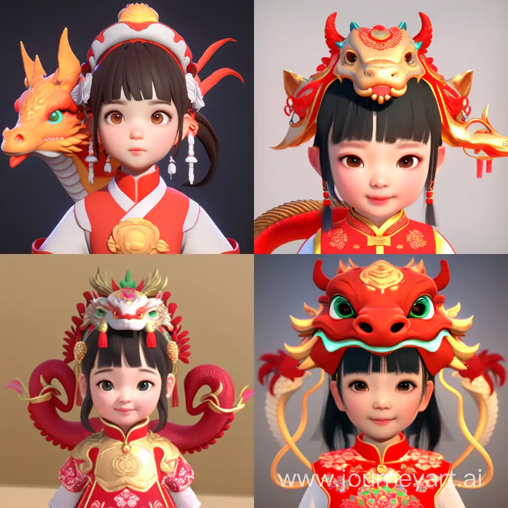 cute little chinese girl in dragon costume
in the style of bryce 3d, light red and light gold