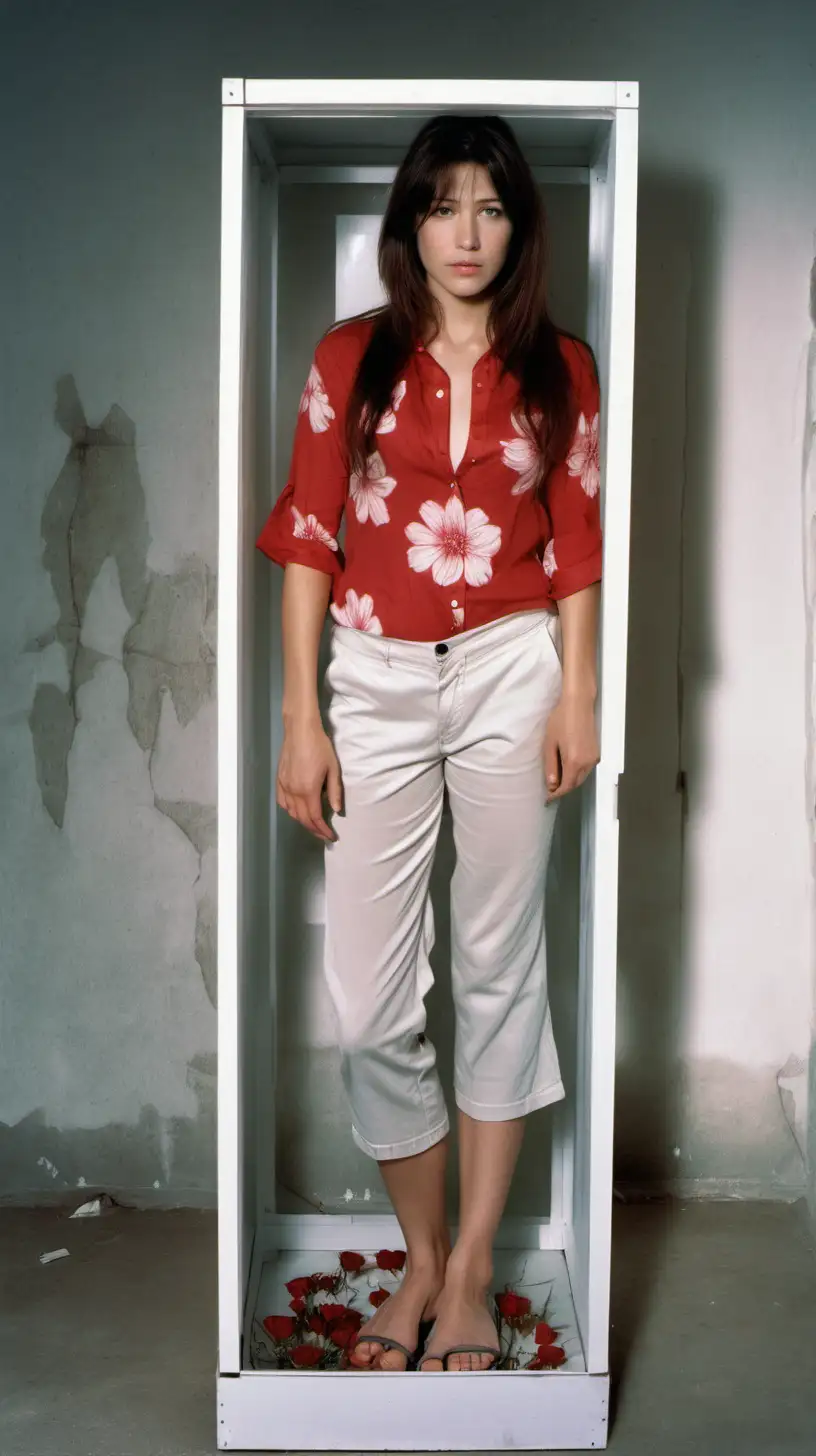 vue de face dans une chambre d'étudiant très biens éclairée, slave Sophie Marceau visage , cheveux long, regard soumis, chemise rouge d'été imprimée fleur manches mi longue et pantalon mi court crayon blanc et sandales, debout figée à l' intérieur et au milieu d'une boite transparente à taille humaine se situant contre un mur