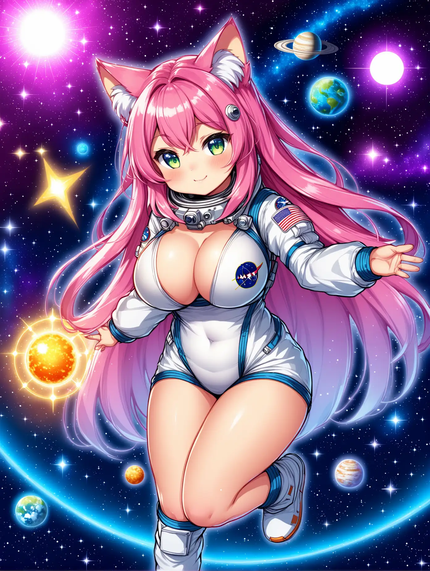 Cosmic Energy Surrounds Busty Catgirl Astrologer in AstronautThemed Setting