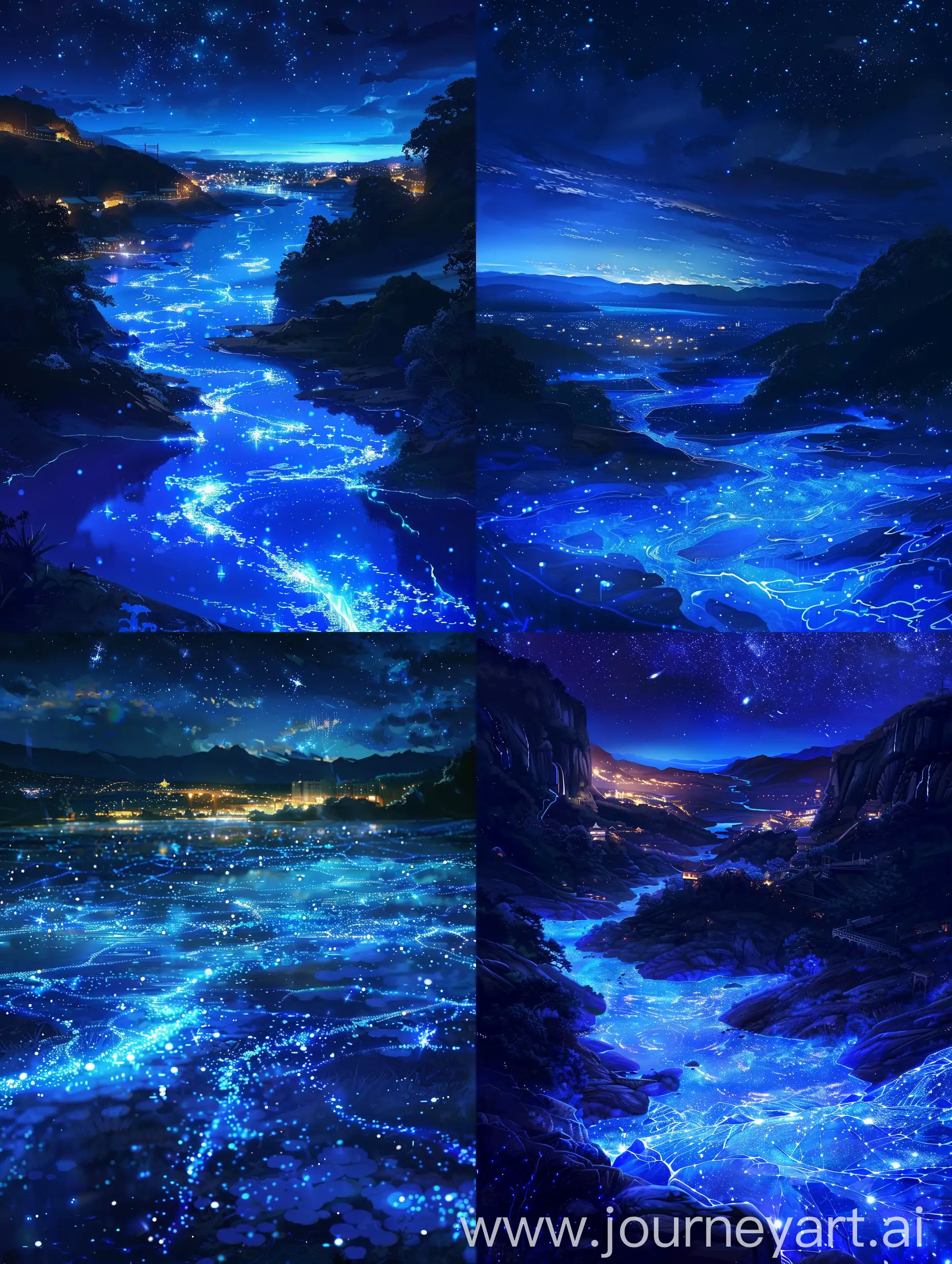 Anime style,beautiful night,a breathtaking night scene, where the ground is alive with a magical blue glow, reminiscent of a star-studded sky resting upon the earth. This natural spectacle is beautifully contrasted by the distant lights from buildings and structures, creating a striking balance between nature’s bioluminescence and human-made luminosity. The dark expanse of the night sky above further enhances this interplay of light, crafting an enchanting atmosphere that seems to blur the lines between the terrestrial and the celestial. It’s a moment where the wonders of nature and the achievements of civilization coexist in harmony, offering a glimpse into the serene and the sublime.avoid distortion.