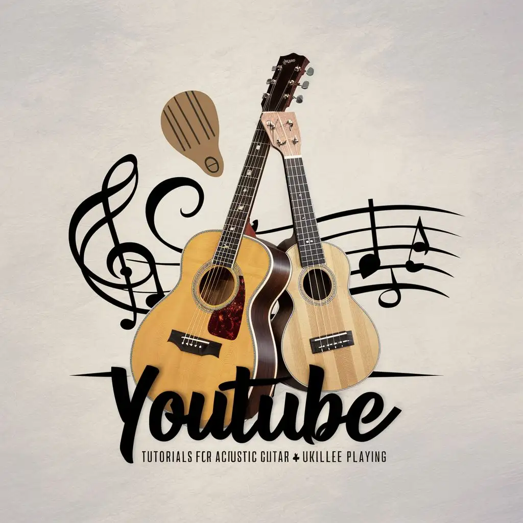 Logo branding Youtube channel tutorial for acoustic guitar and ukulele. Include acoustic guitar, ukulele, and pick.