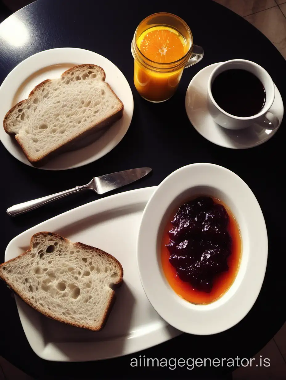 My italian breakfast coffe orange juice roast bread and jam