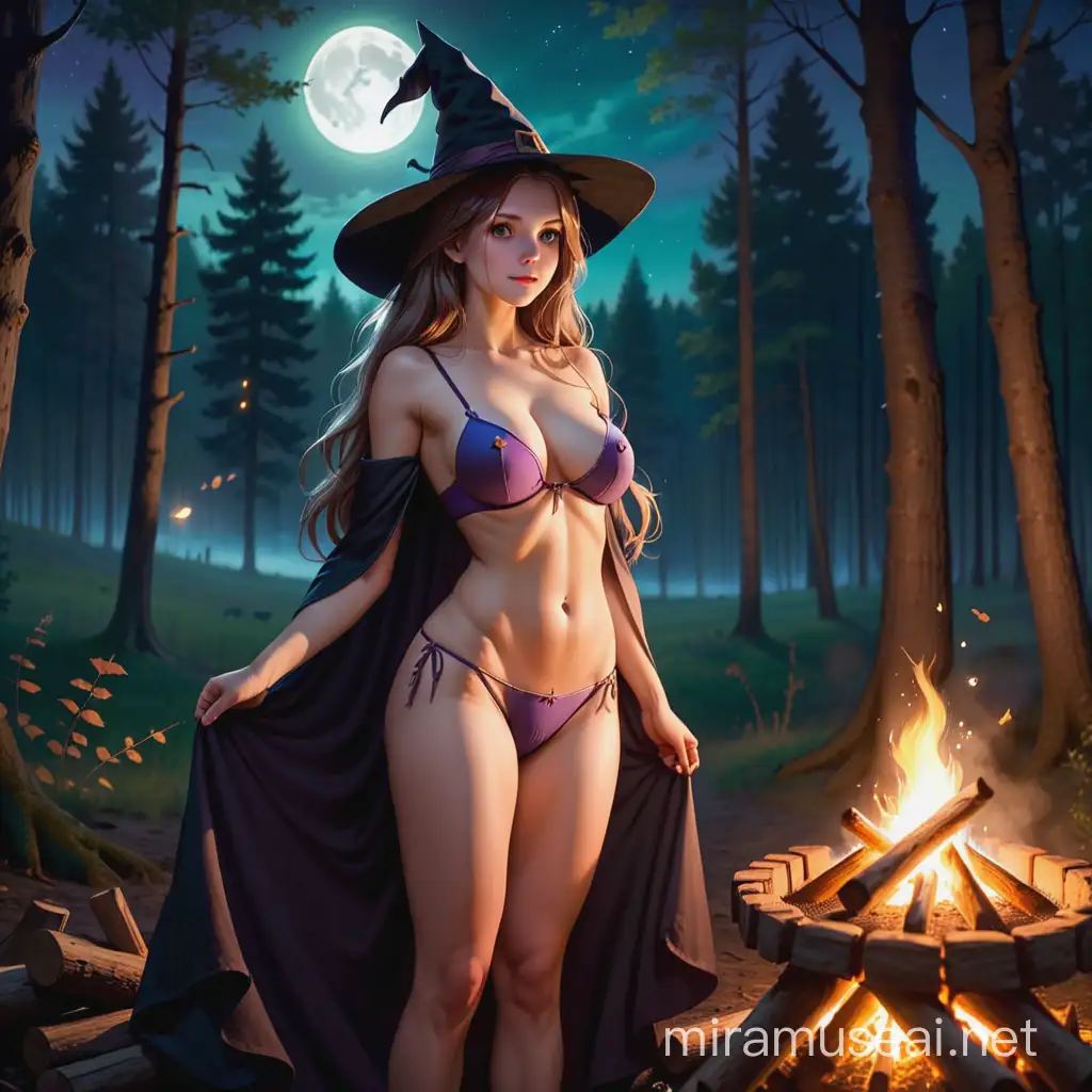 young witch, perfect breasts, loose long hair, forest at night, bonfire, casting a spell