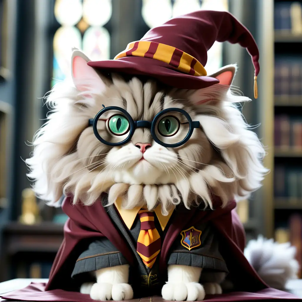 fluffy cat dressed as Harry Potter character

