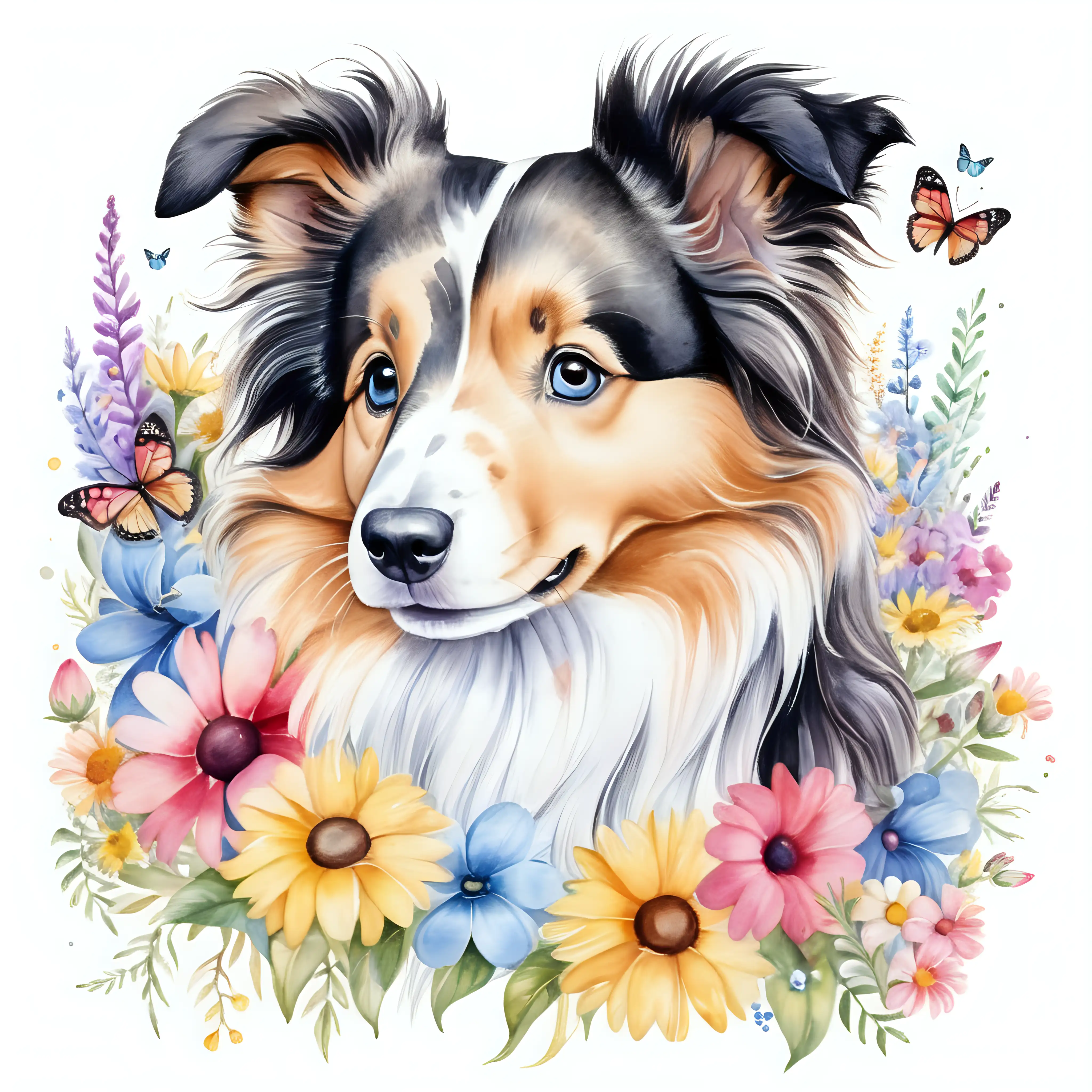 Adorable Watercolor Collie Puppy Surrounded by Vibrant Flowers and Butterflies