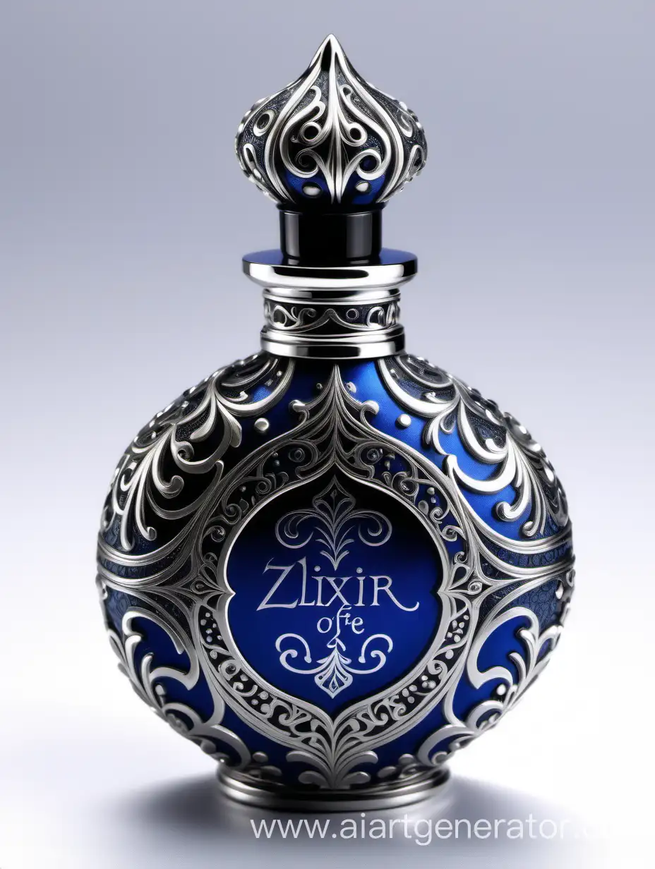 Incredibly detailed, elaborate, embellished potion bottle containing the elixir of life decorative ornamental Zamac Perfume cap, and bottle Dark blue, silver color with dark black square arabesque pattern shaped | metallizing finish