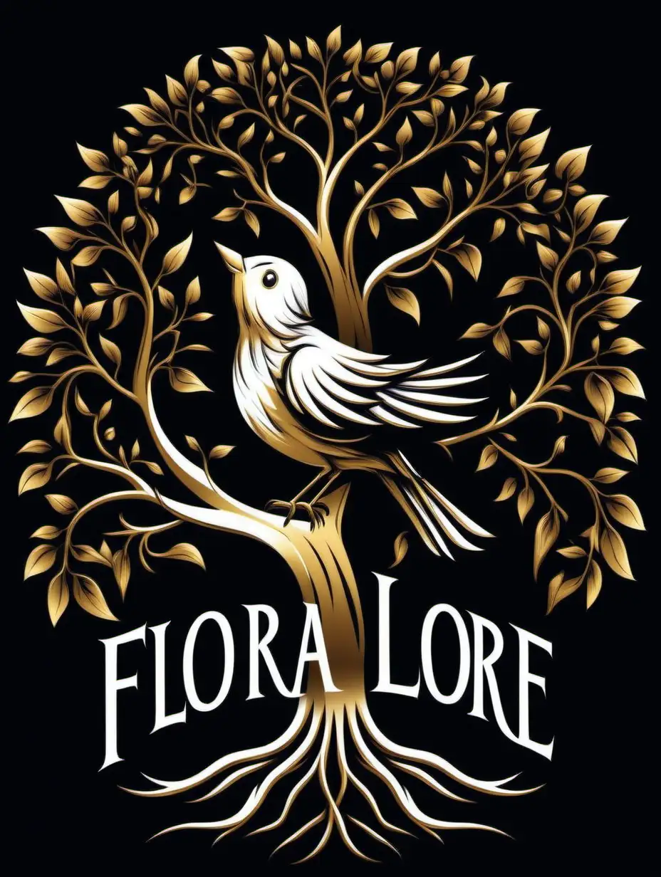 Flora Lore Logo Elegant Bird Serenading from Golden Tree with Roots