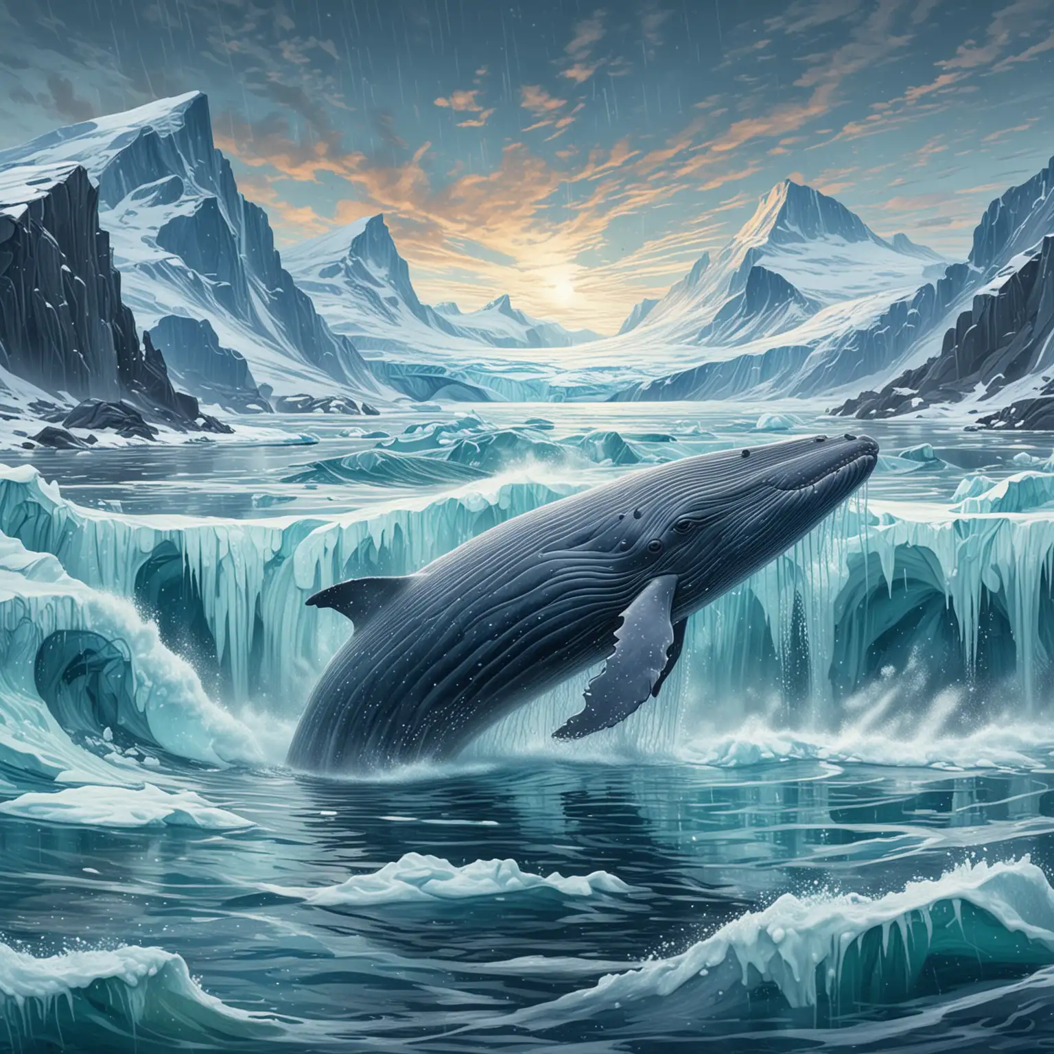 Antarctic Blue Whale Swimming Among Icebergs