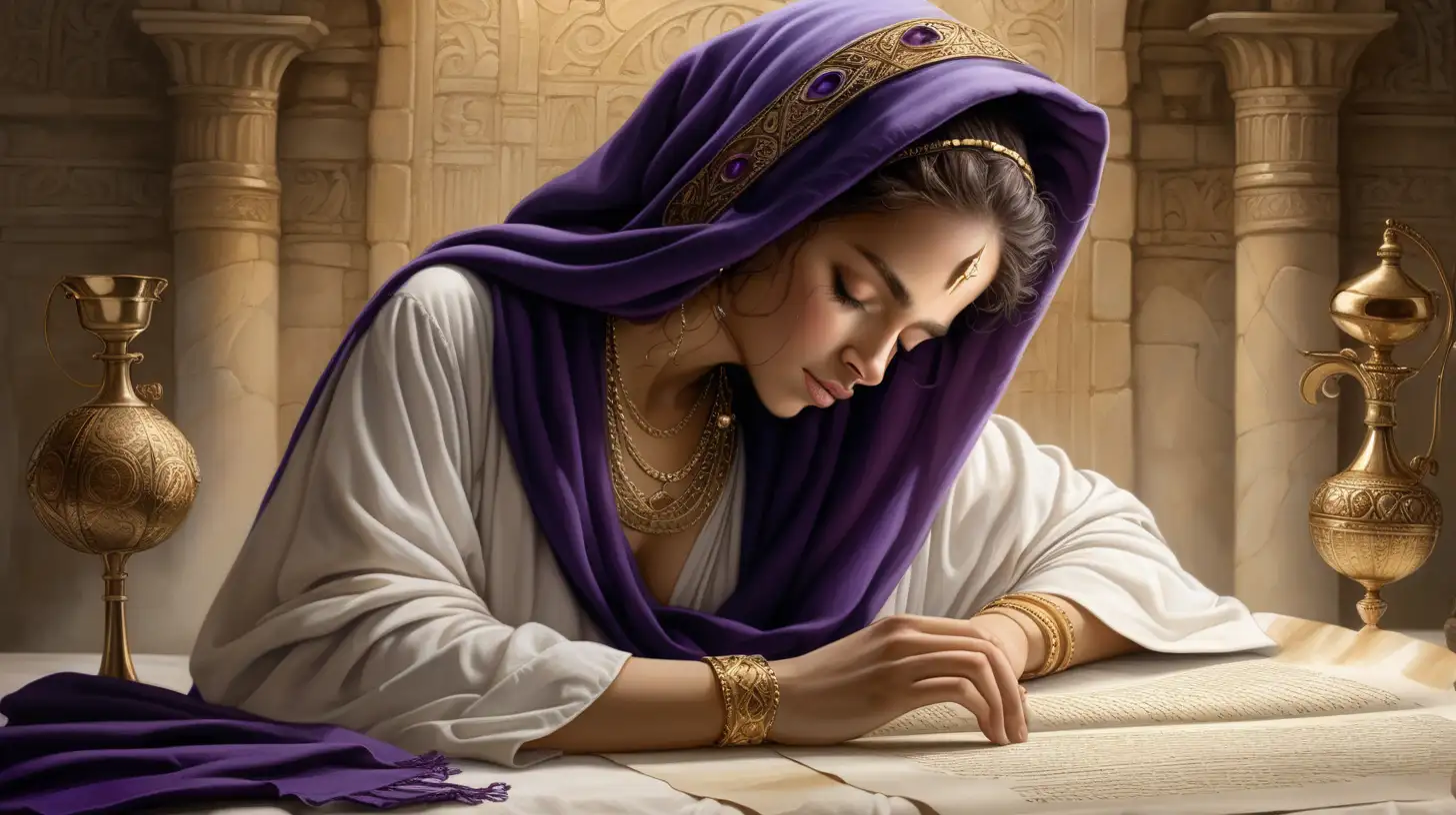 Epoque biblique, une belle femme hébreu avec la tête couverte d'un foulard violet, les yeux fermés, pose sa main sur un grand rouleau de parchemin, longue robe blanche, bijoux en or