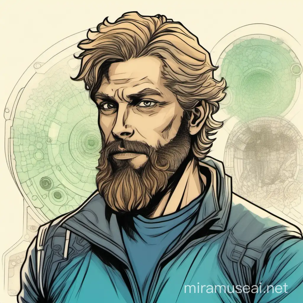 Hombre de unos 35 años, de mediana altura, pelo rubio oscuro y barba del mismo color que su pelo, estilo dibujo coloreado de una novela de ciencia ficción