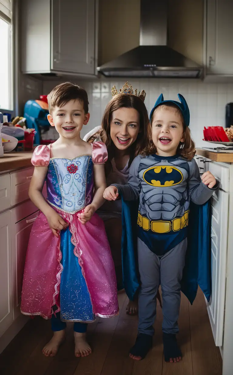 Gender role-reversal, Photograph of a mother dressing her young son, a boy age 8, up in a Disney Princess dress, and she is dressing her young daughter, a girl age 7, up in a Batman superhero suit, in a kitchen for fun to keep the kids entertained on a rainy day, adorable, perfect children faces, perfect faces, clear faces, perfect eyes, perfect noses, smooth skin