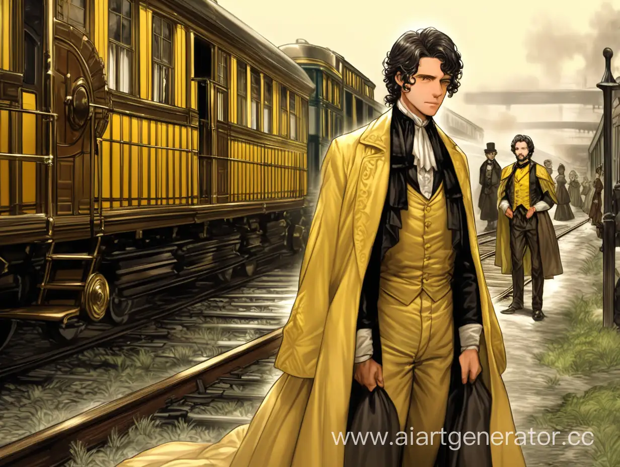 Парень с чёрными кудрями по плечи, в одежде 19 века. На фоне железная дорога и поезда. Всё в жёлтом цвете