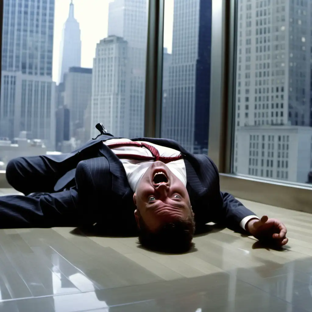 homem caído no chão, de barriga pra cima e boca aberta e sufocado, de terno e gravata. no chao de uma sala com uma jabela com vista para nova york