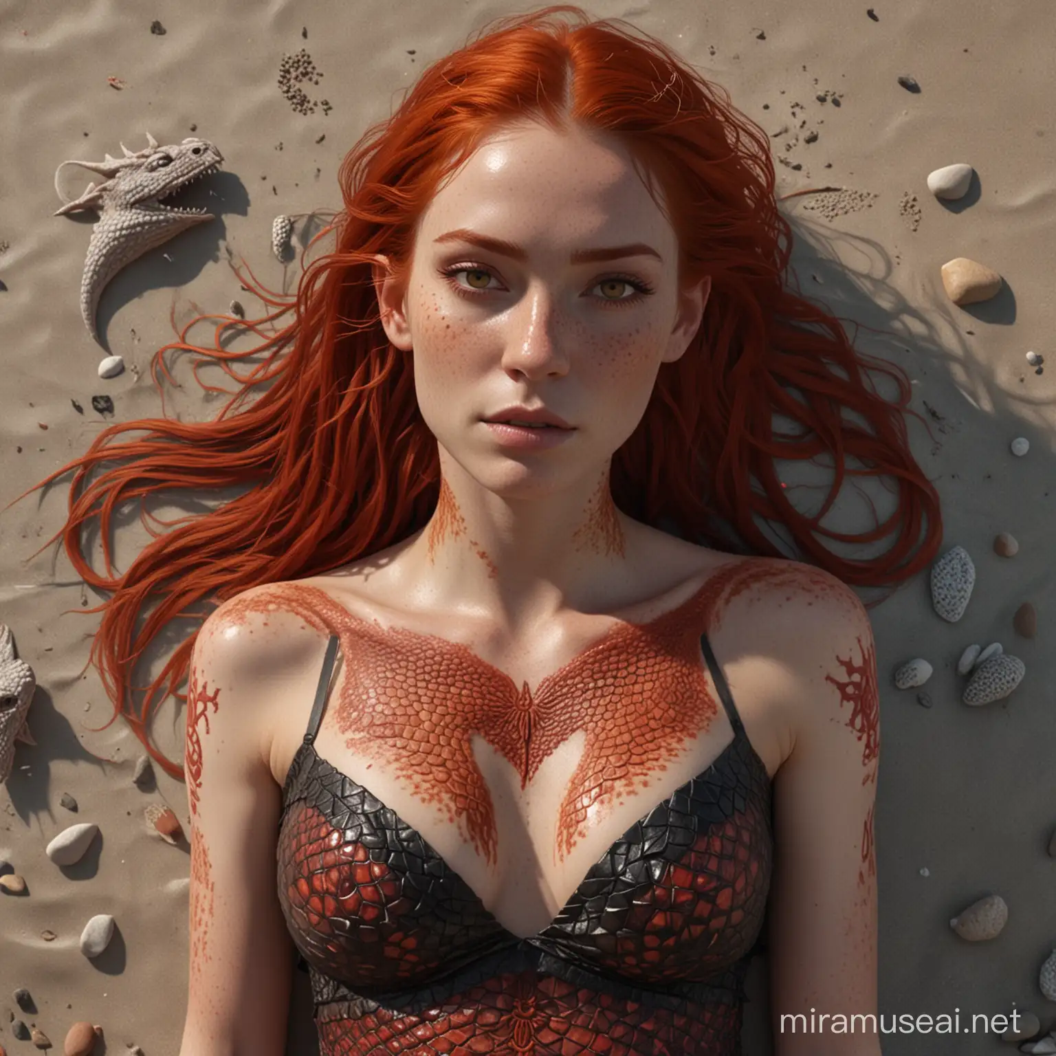 hyperrealistic very high detail 4k full body image, showing a female human with long fiery red hair thin red eyebrows, burning red eyes and face full of freckles, with draconic symbols carved into arms and body, sleeveless open front top made of dragon scales, short loose skirt, sitting on a beach