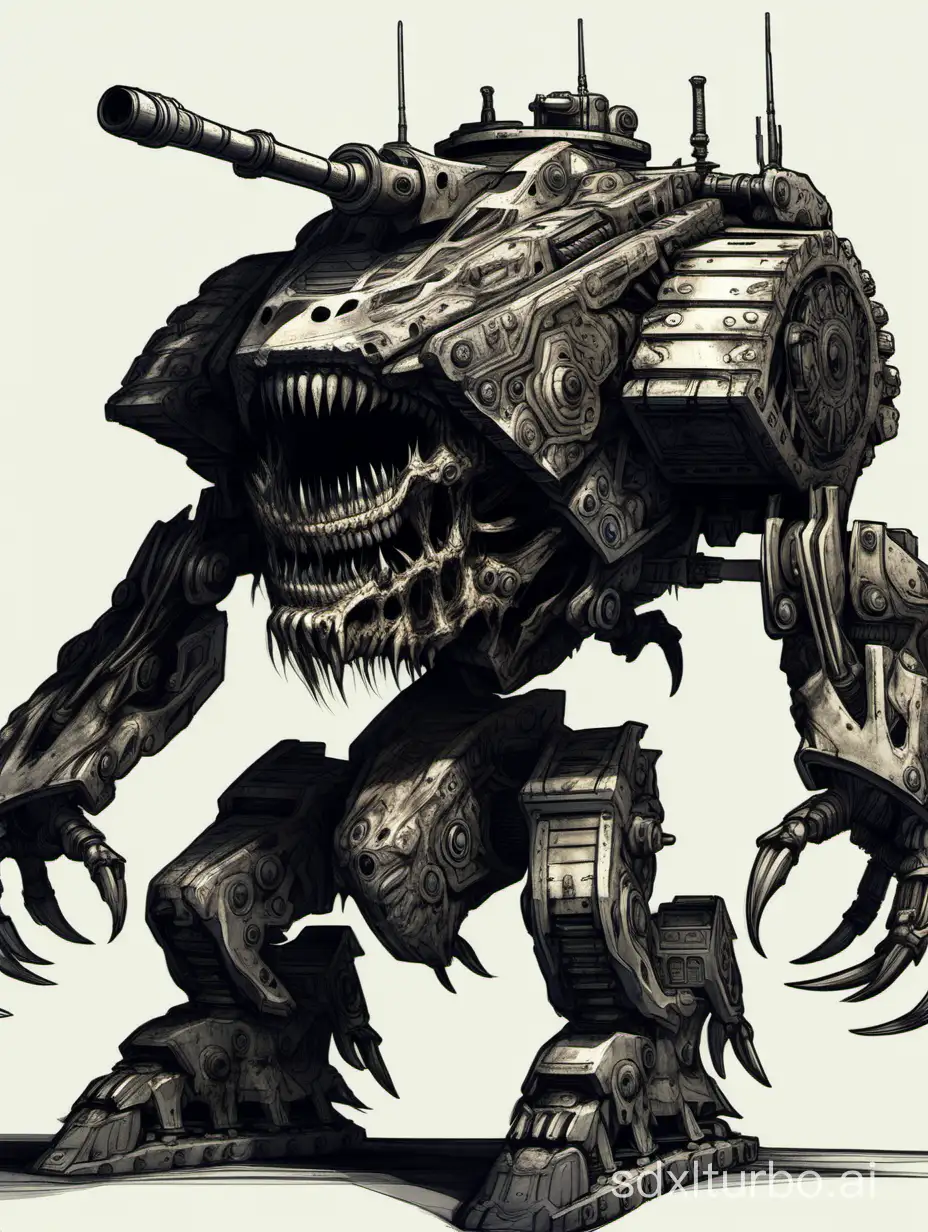currupted tank, tank made of flesh, bones and metal, massive claws, large body with toothy mouth, big turret with cannon, dark technologies