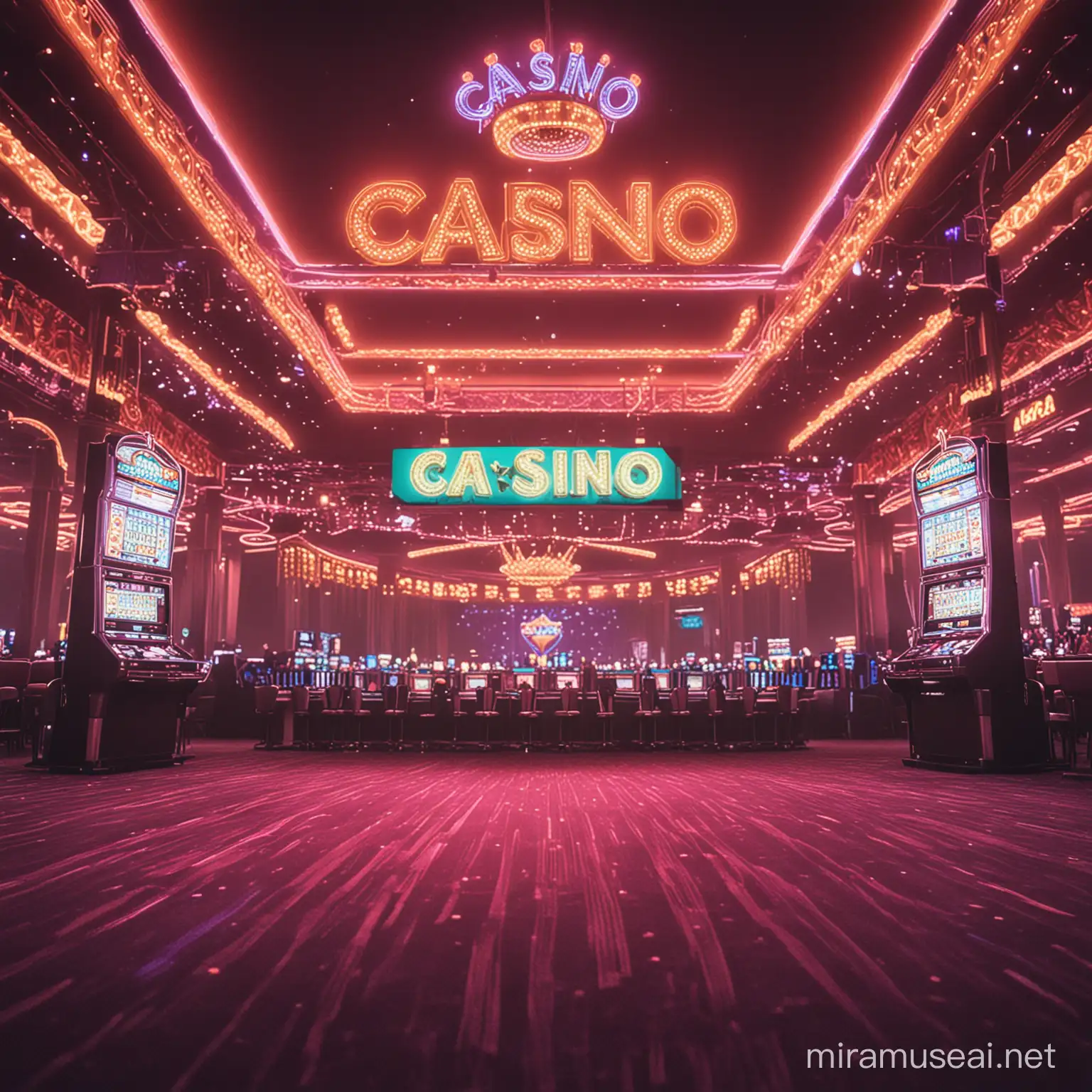 Vibrant Neon Casino Hall with Glowing Slot Machines and Excited Players