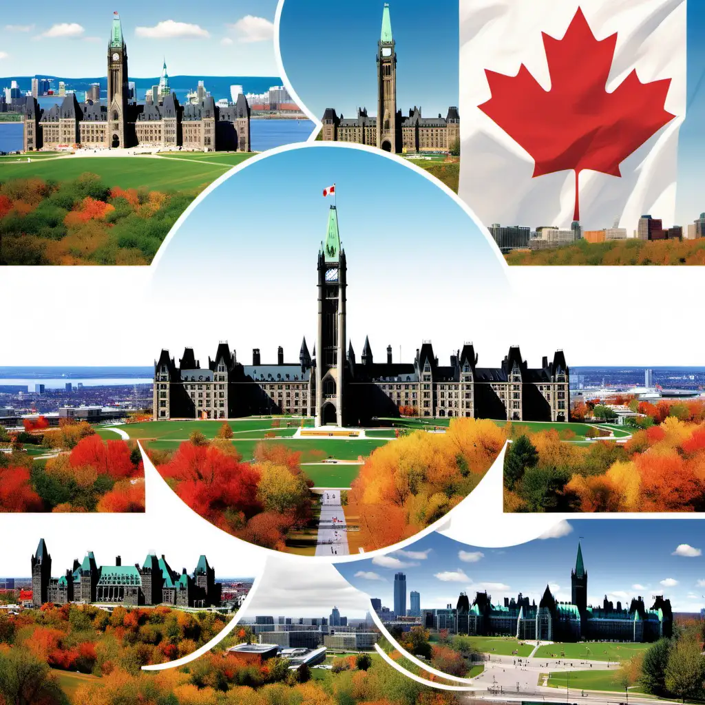 A photomontage or illustration that captures the essence of studying in Canada. This could include landmarks like Parliament Hill, bustling university campuses, diverse groups of students engaged in academic and social activities, or stunning natural landscapes.