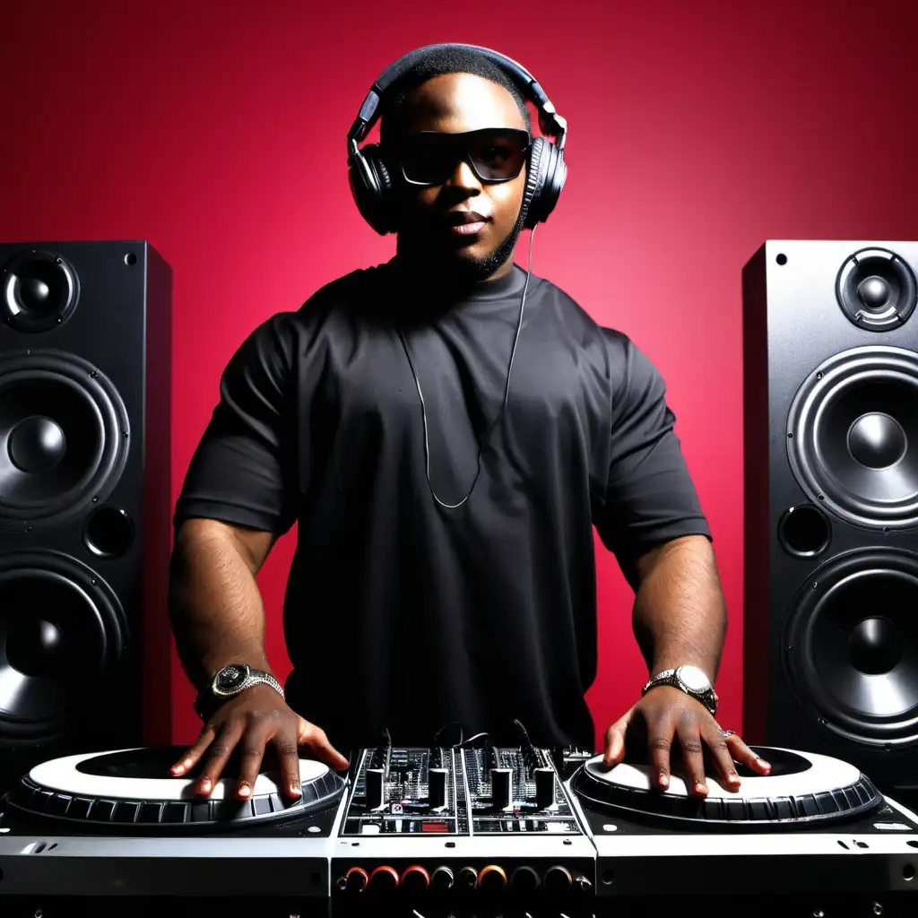 Dynamic Black DJ Performing in Front of Vibrant Speakers