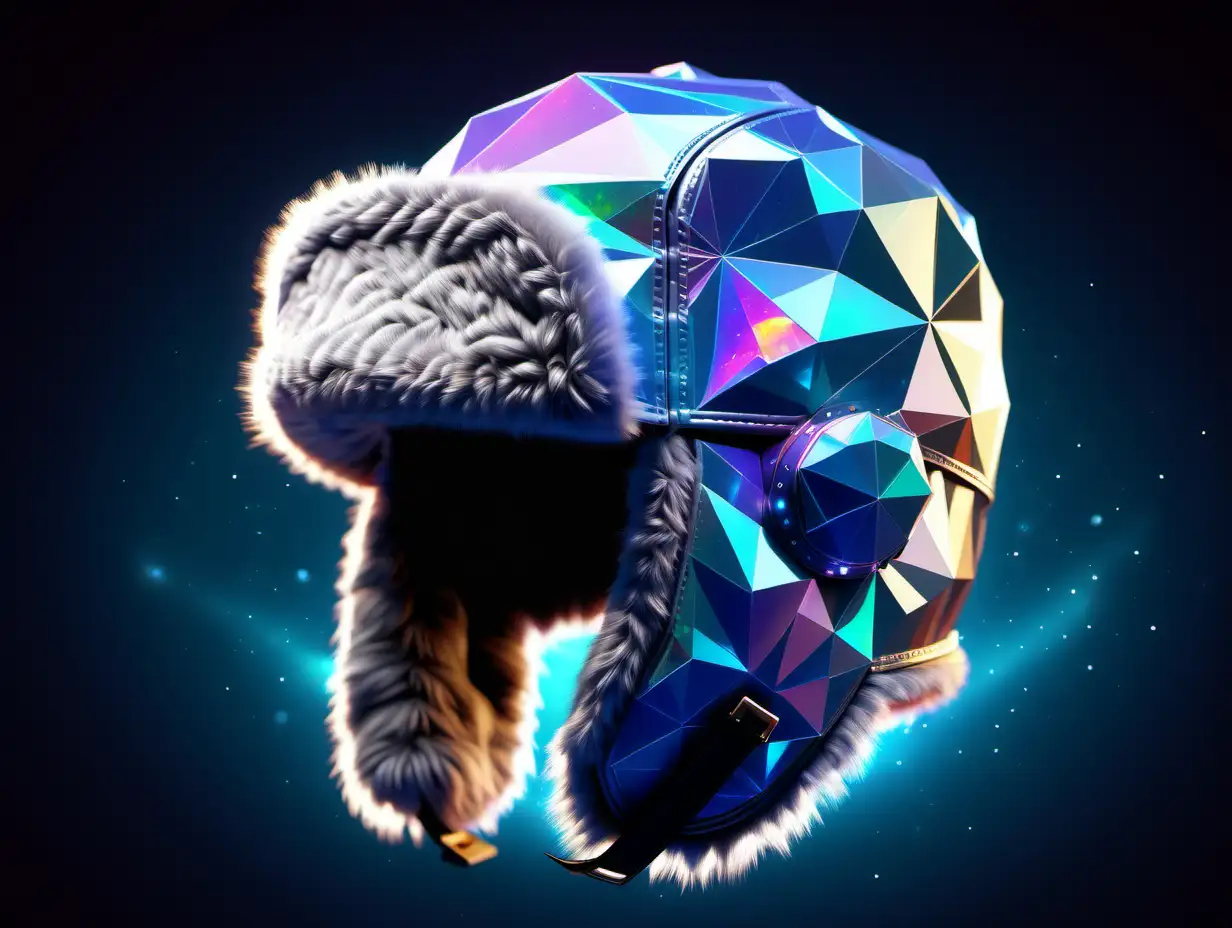 Low Poly Ushanka Hat with Fur Crystals Holographic Space Photoshoot