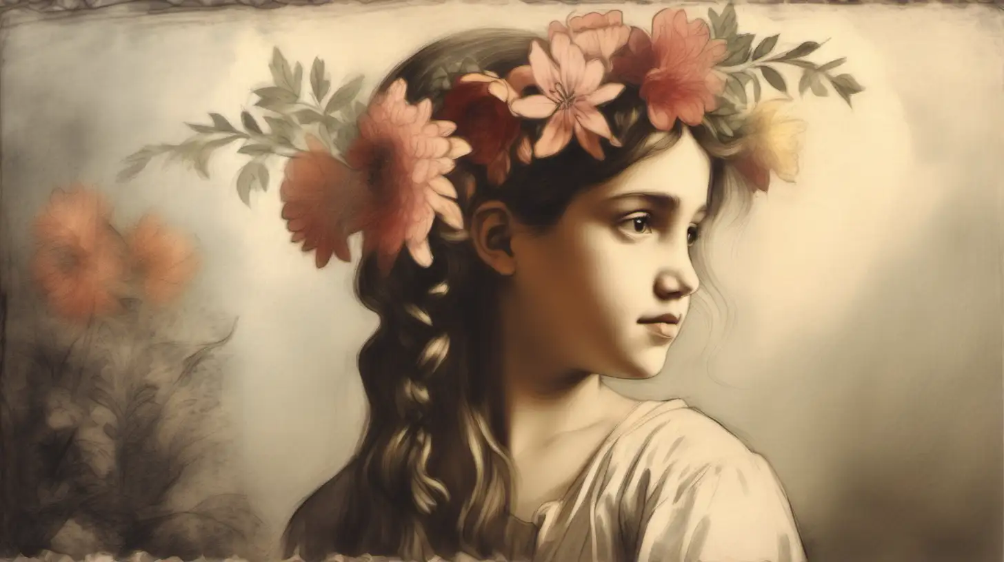 A young teenage girl with flowers in her hair old painting style