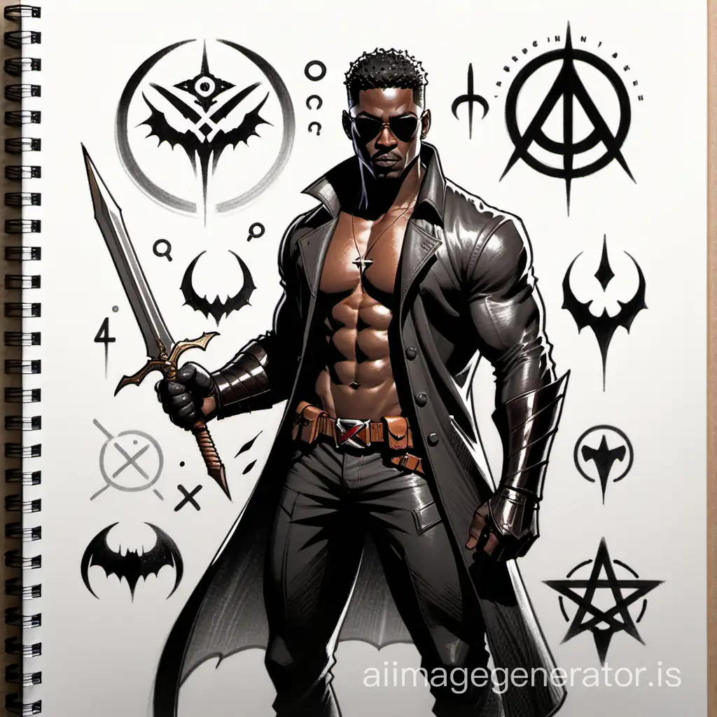 Sketchbook Style, Sketch book, hand drawn, dark, gritty, realistic sketch, Rough sketch, mix of bold dark lines and loose lines, bold lines, on paper, turnaround character sheet, marvel blade, black male in sunglasses, vampire hunter, Full body, arcane symbols, runes, vampire theme, Perfect composition golden ratio, masterpiece, best quality, 4k, sharp focus. Better hand, perfect anatomy.