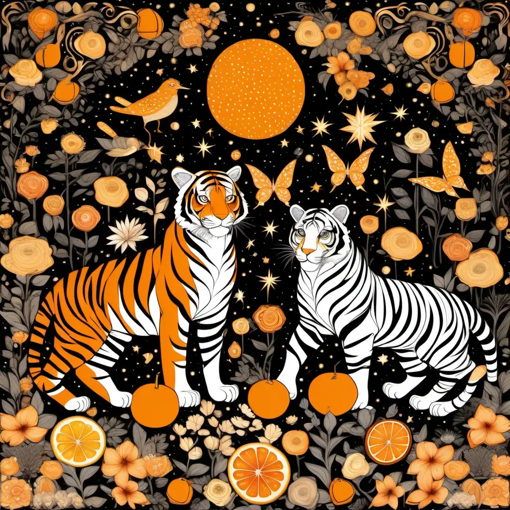a pattern of paper of magic garden with oranges, figues, flowers, plants, two tigers in love,  birds and planets, stars, colors, orange, white, golden, black, higly detailed,  KLimt style 