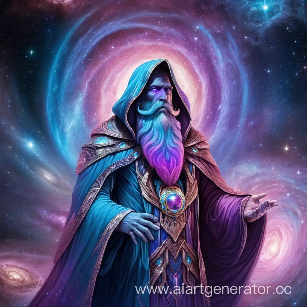 Universe God, looks like a man in cloak with beard. Blue, purple and pink shades