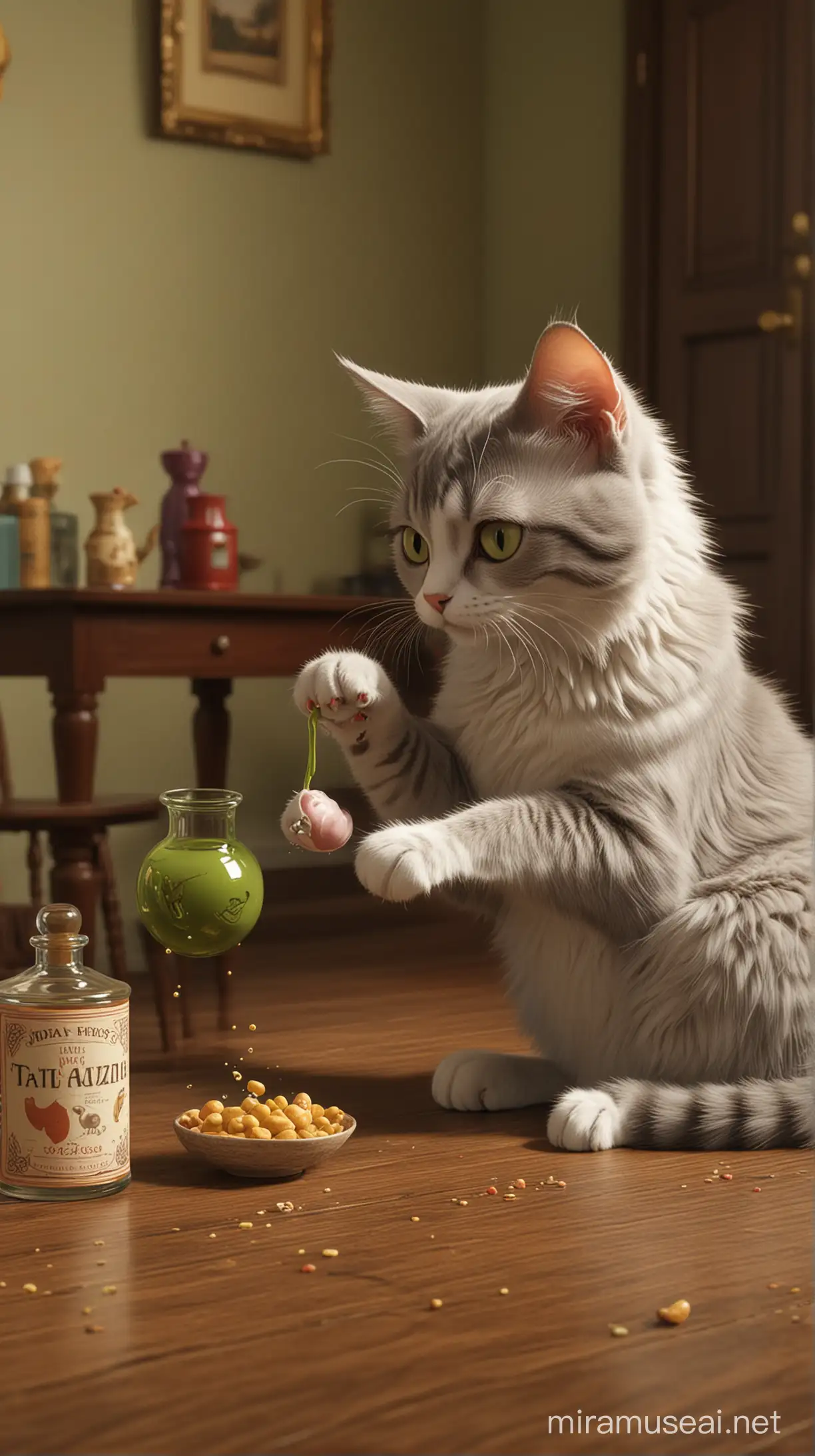 un chat qui joue avec un poison  le donne au chien, digital painting, cinematic, character design by mark ryden and pixar and hayao miyazaki and tim burton and Wes Anderson, unreal 5, daz, hyperrealist