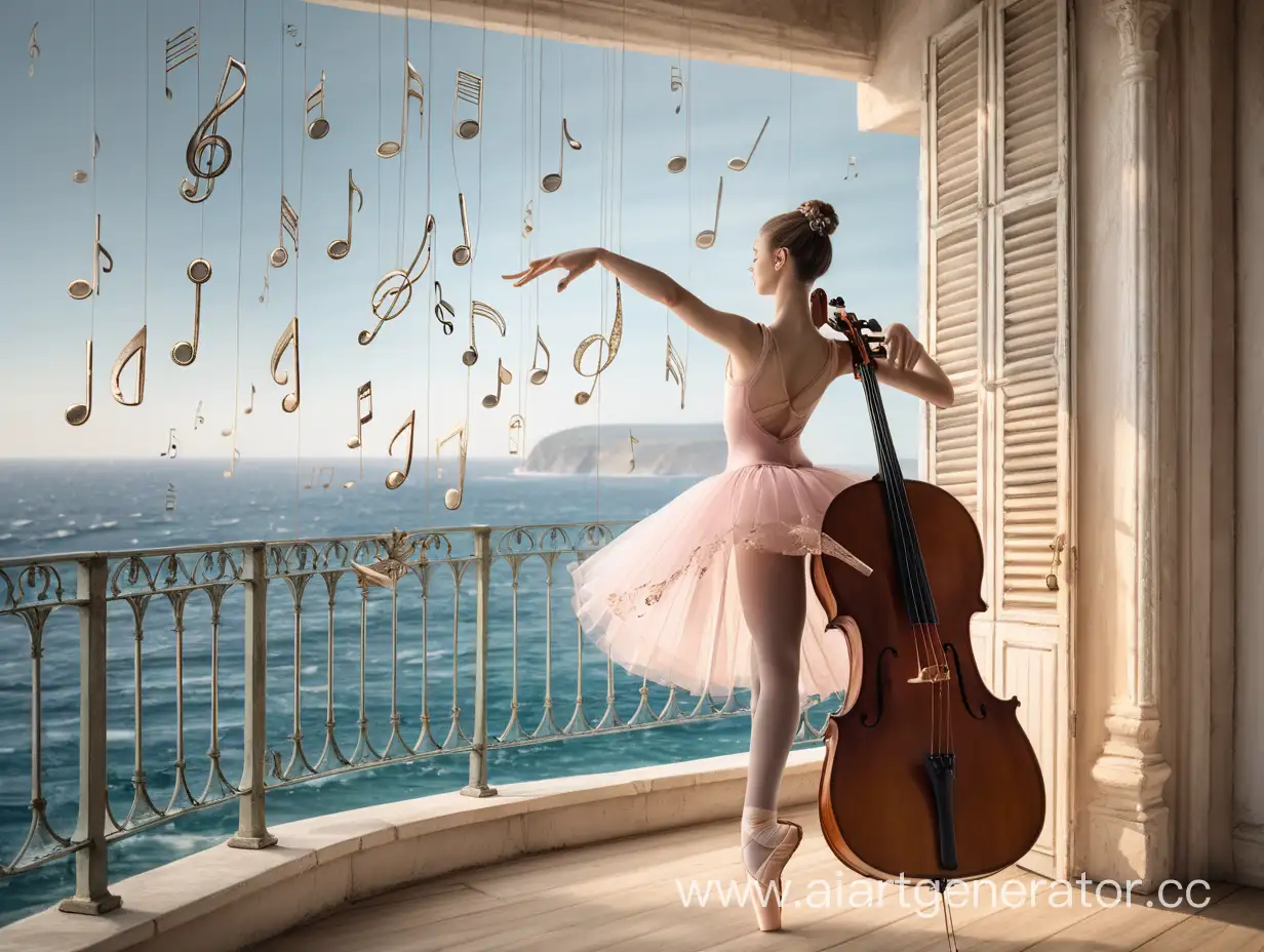 Балерина на балконі з видом на морі, поруч віолончель, на мотузках висять папери з нотами