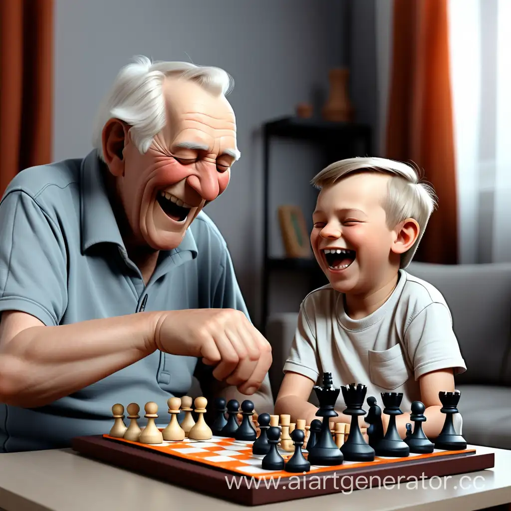 Дед с внуком играет в шахматы и сильно смеётся