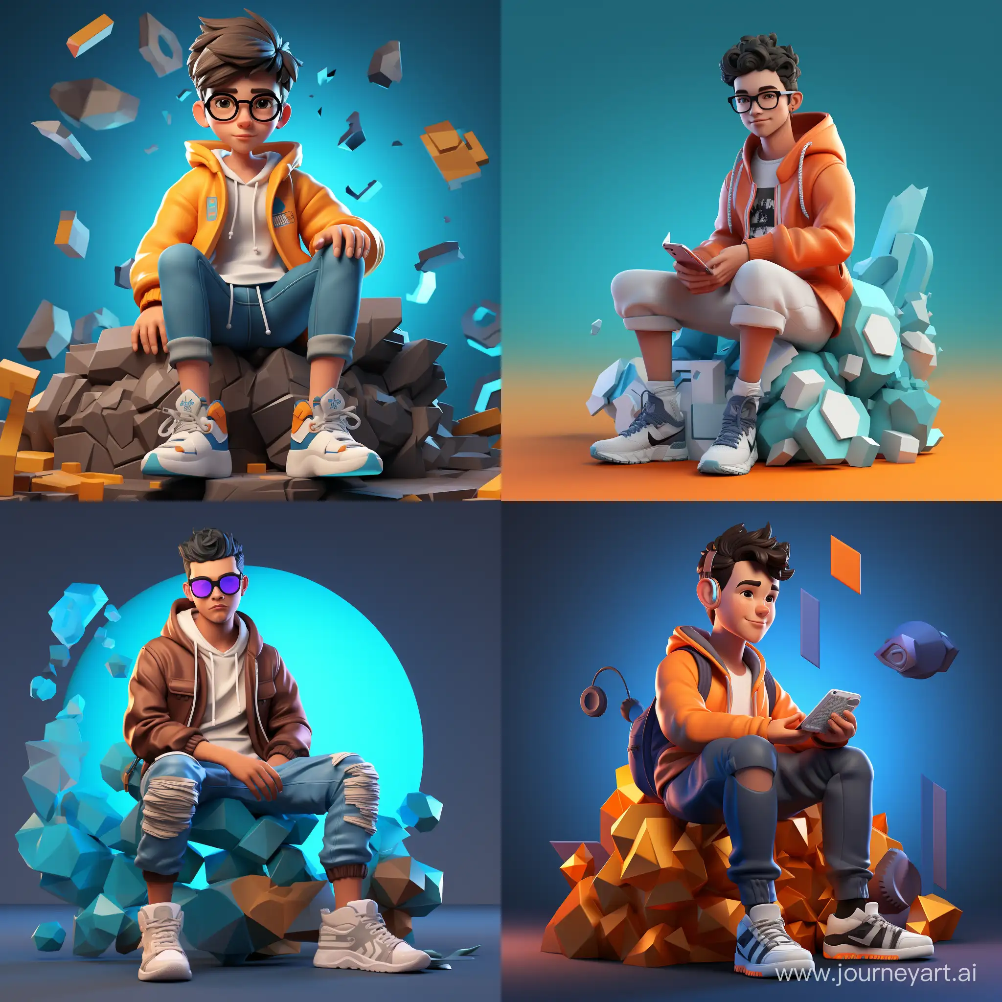 Create a 3D illustration of an animated character sitting casually on top of a social media logo "whats up". The character must wear casual modern clothing such as jeans jacket and sneakers shoes. The background of the image is a social media profile page with a user name "sai teja" and a profile picture that match.