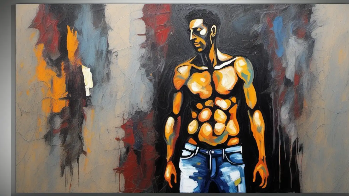 Abstract Expressionism Art Shirtless Man in Jeans