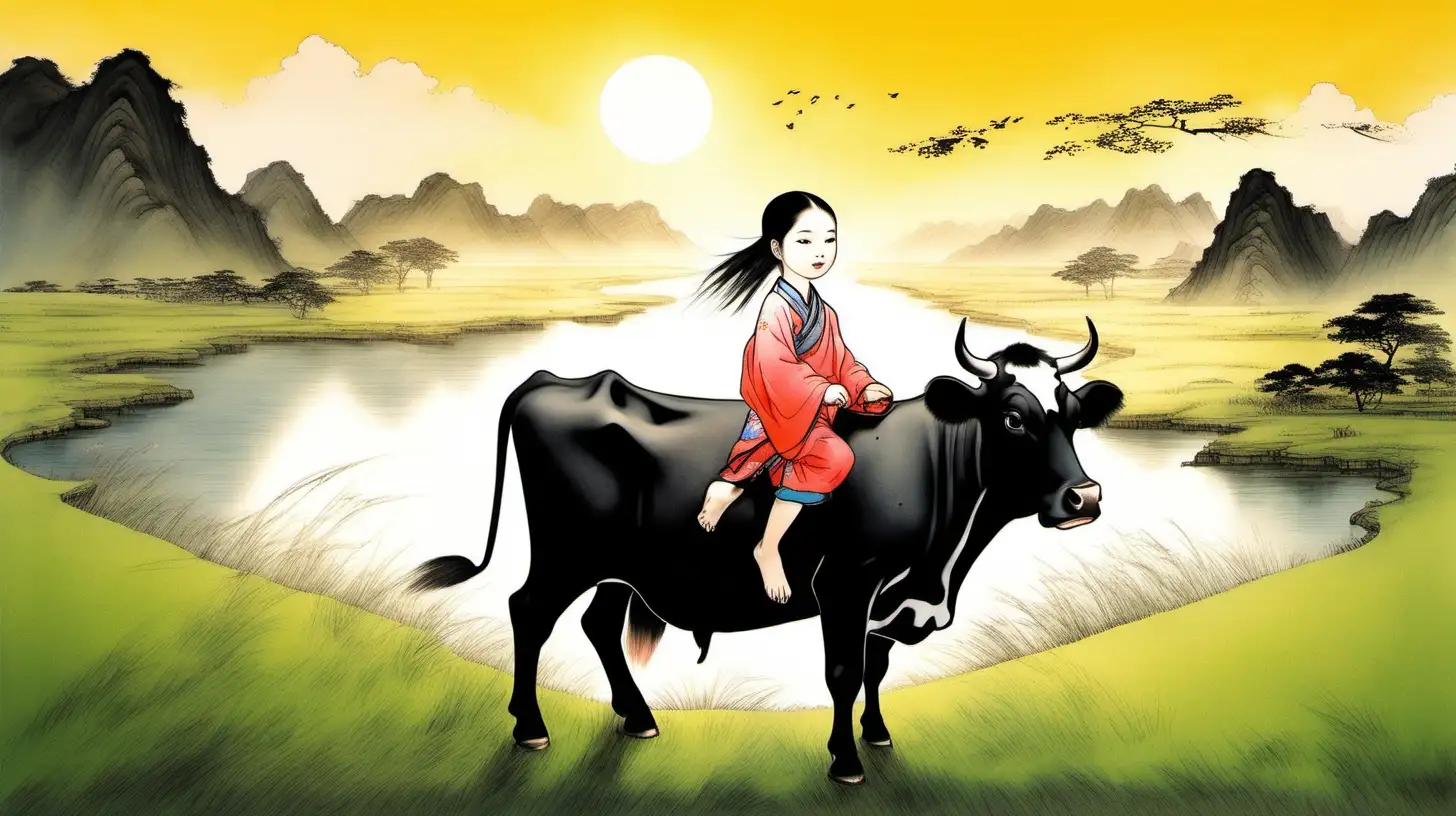 小女孩骑在大黑牛背上，放牧， 太阳挂在空中， 周围是宽广的草原，河水. 女孩骑在牛背上，中国传统画，不需要文字