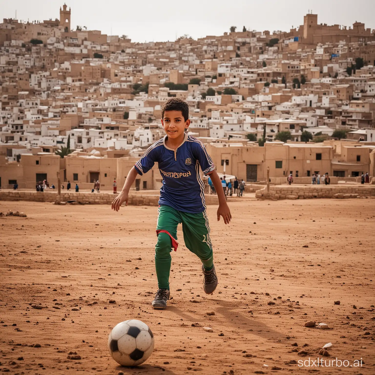 Moroccan kid plays football in fez
