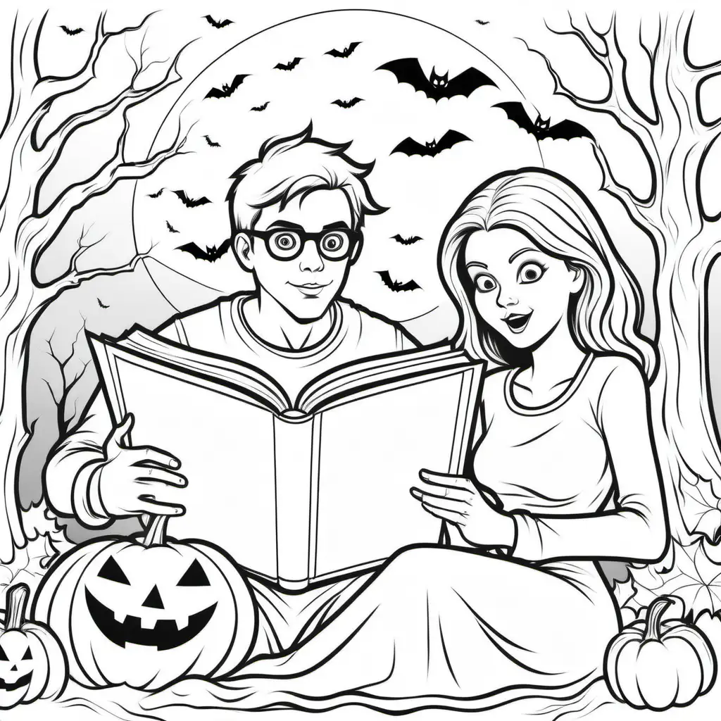 a simple black and white coloring book outline of young man & woman reading book with halloween imagination, for coloring