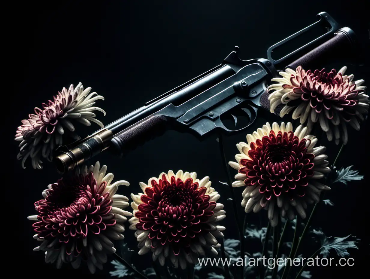 Chrysanthemums-with-Shotgun-Dark-Horror-Still-Life