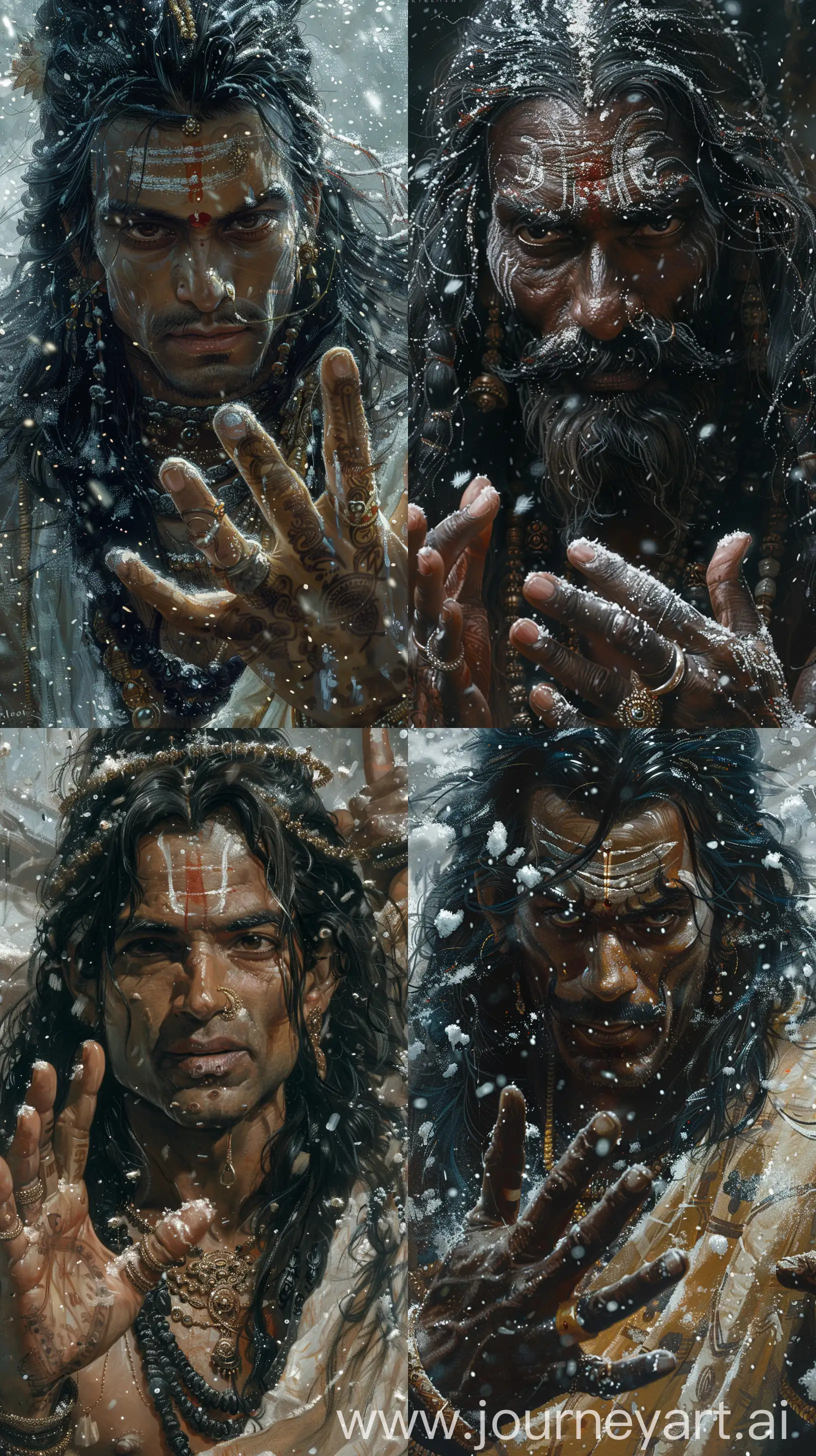 Raj Ravi Varma art style depicting Yamraj, the God of death from Hinduism, in his fifties, with black long hair, pure black complexion, seen as if he's talking, hand gestures, close-up image, intricate details, 8k quality image in snowy ambience --s 300 --ar 9:16 --v 6