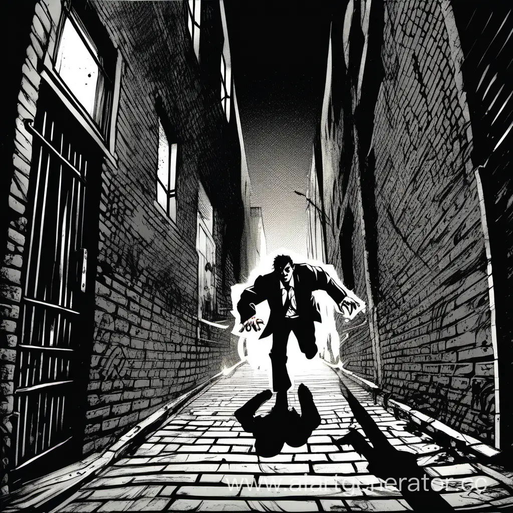 Маньяк бежит за парнем в темном переулке