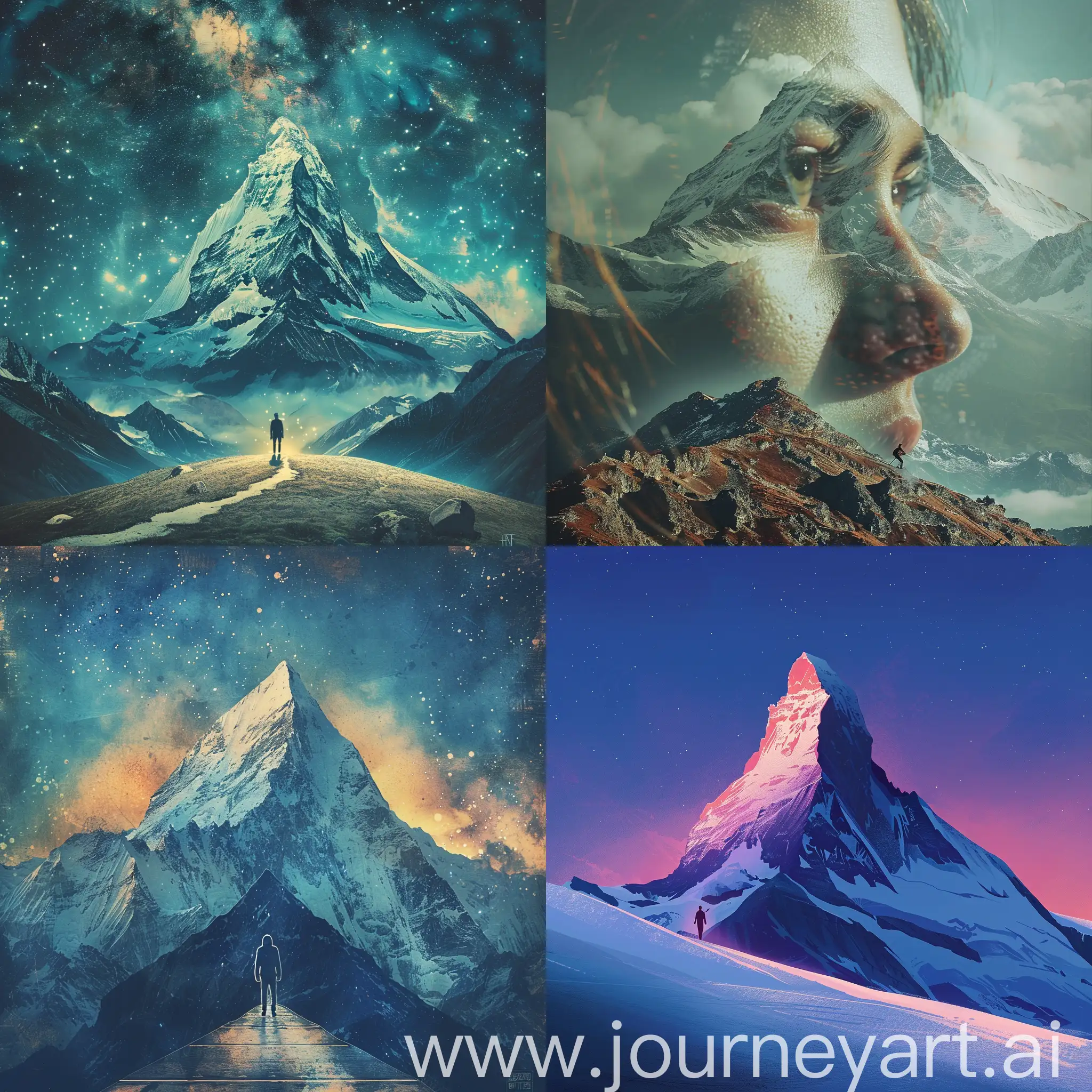 Visualize a person staring at a mountain representing their desire, and then depict them taking the first step towards climbing it, symbolizing undertaking.