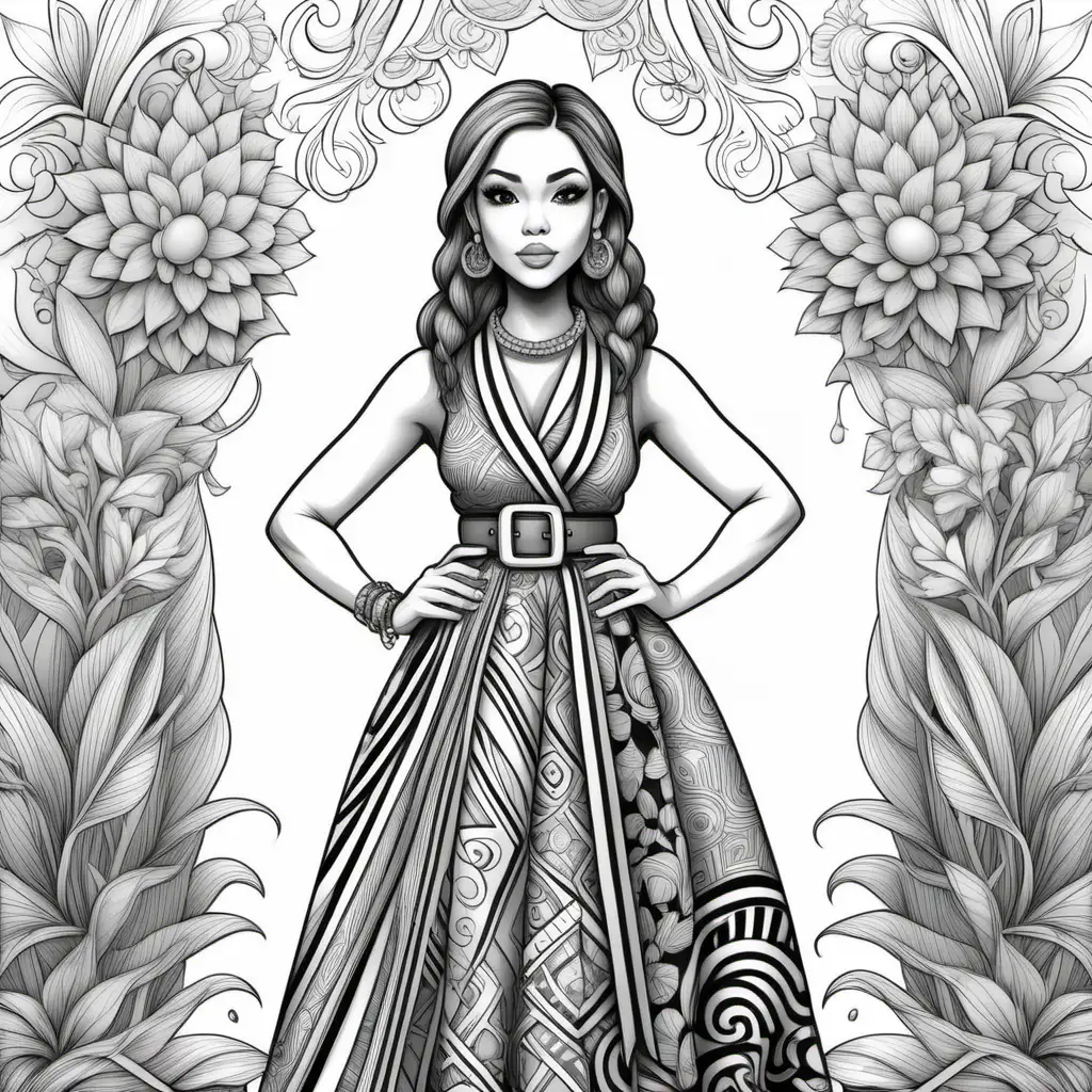 In portrait orientation, ensure a full-length black and white image, in high-resolution adult coloring page with thick, clean lines and no shading, in a cartoon 3D chibi style. Feature a female caramel-skinned Black female with almond-eye shape, long lashes, a muse of patterns and textures, standing amidst a backdrop that's a tapestry of vibrant, interlocking designs. She is dressed in a striking outfit that is a masterclass in the art of pattern play, where bold stripes meet intricate florals, and geometric shapes seamlessly blend with abstract prints. Her ensemble is carefully curated to showcase the harmony and contrast of different patterns, without overwhelming her figure. The emphasis is a high-waisted skirt swirling with colorful patterns, paired with a fitted top that features a contrasting but complementary pattern, creating a visual dialogue between the pieces. Her accessories are carefully chosen to accentuate the patterns, with a statement belt that cinches her waist and jewelry that echoes the motifs in her outfit. Her hair is styled in long braids, adorned with a patterned scarf that ties her look together, both literally and figuratively. The scene is dynamic yet balanced, inviting the viewer to explore the depth of patterns and how they play off each other, highlighting the woman's confidence and her ability to make a complex array of patterns feel effortlessly chic. The drawing should focus on clean, sharp lines without any grayscale, suitable for an adult colouring book. Ensure the images are correctly oriented as portrait, --ar 2:3 --style raw --v 6
