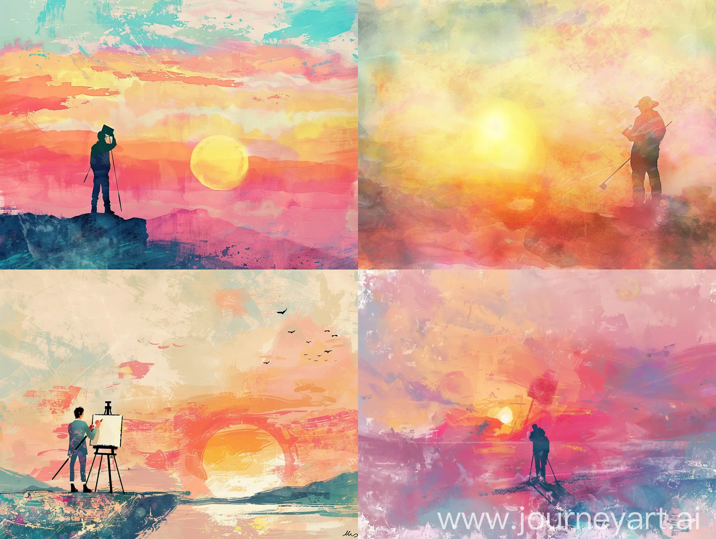 Painter capturing sunset, 
Digital illustration, contemporary era, pastel color palette with a watercolor texture effect.