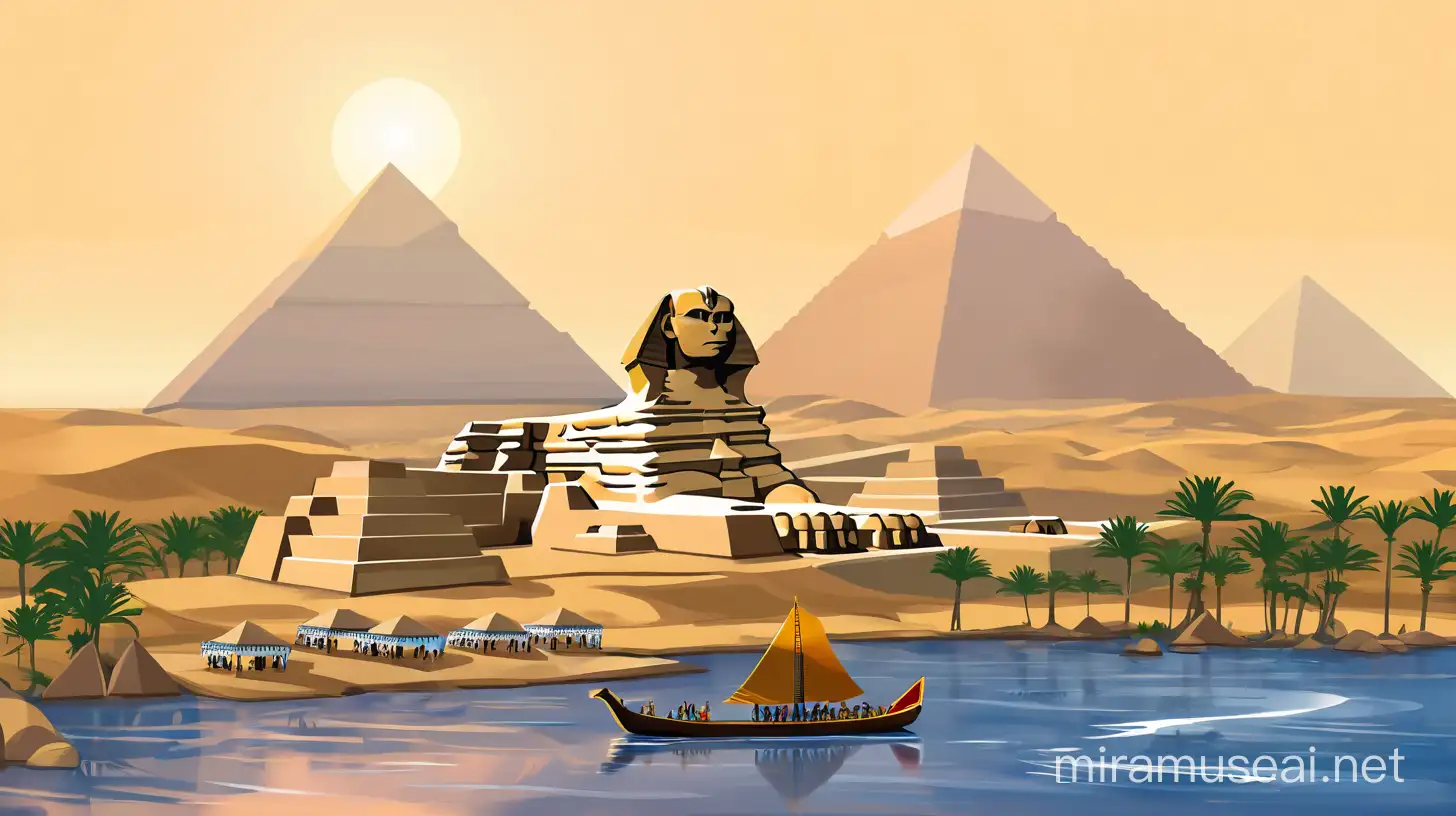 Mixed style of digital painting and cartoon art and travel poster: recreation of great pyramids and sphinx in original state based on the picture.