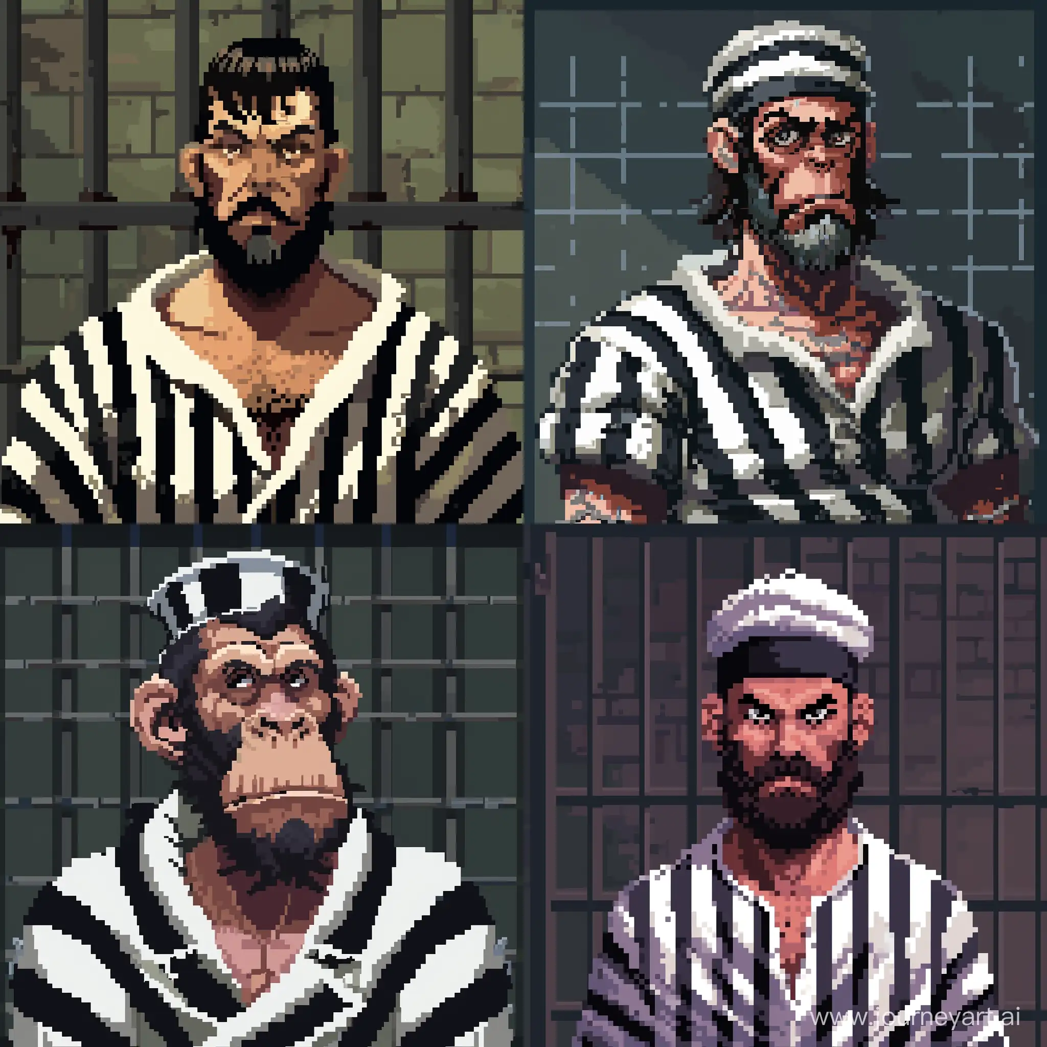 Monkey Island Pixel Art. Headshot of Cardano's Charles Hoskinson in prison clothing (white and black stripes).