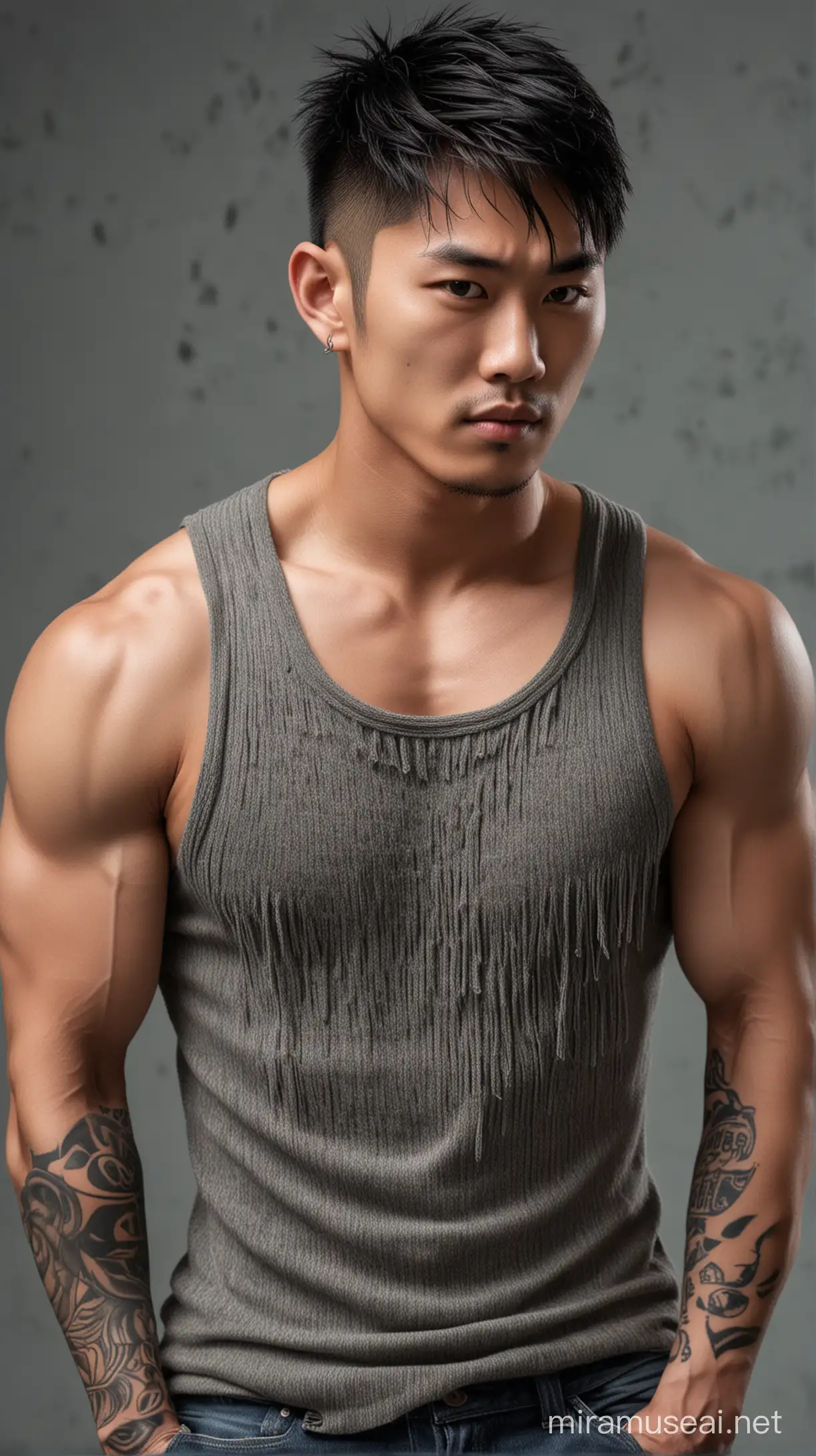 A handsome muscle young asian favour, fringe hair style, tattoo, wearing lithe knit tshit, cool posing 