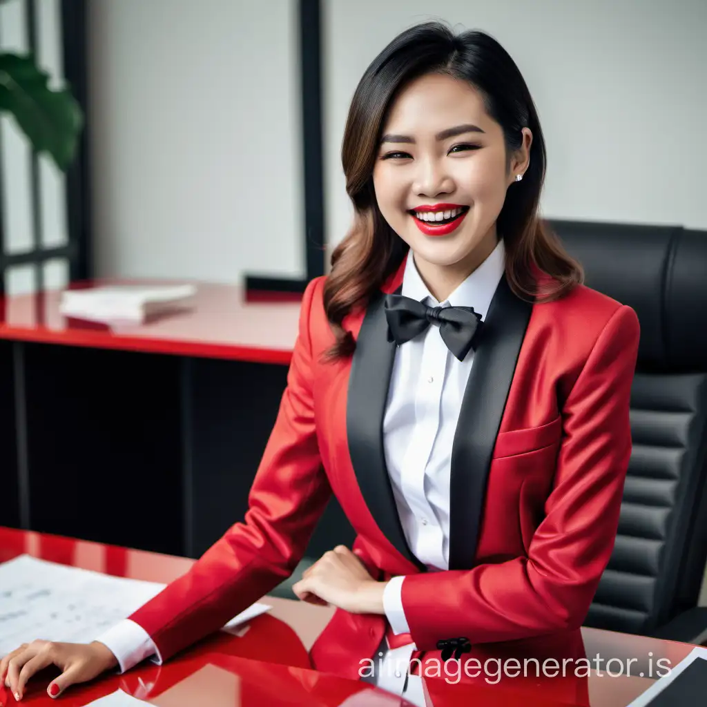 sophisticated and confident Vietnamese woman with shoulder length hair and lipstick wearing a red tuxedo with a white shirt with cufflinks and a black bow tie, foldking her arms, laughing and smiling. She is sitting on a desk, looking down at you.