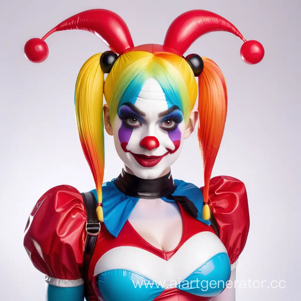 латексная девушка в образе харли квин в обтягивающем резиновом радужном костюме клоуна. С белым латексным лицом в  С большим красным резиновым носом клоуна. Изображение сделать в мультяшной стилистике